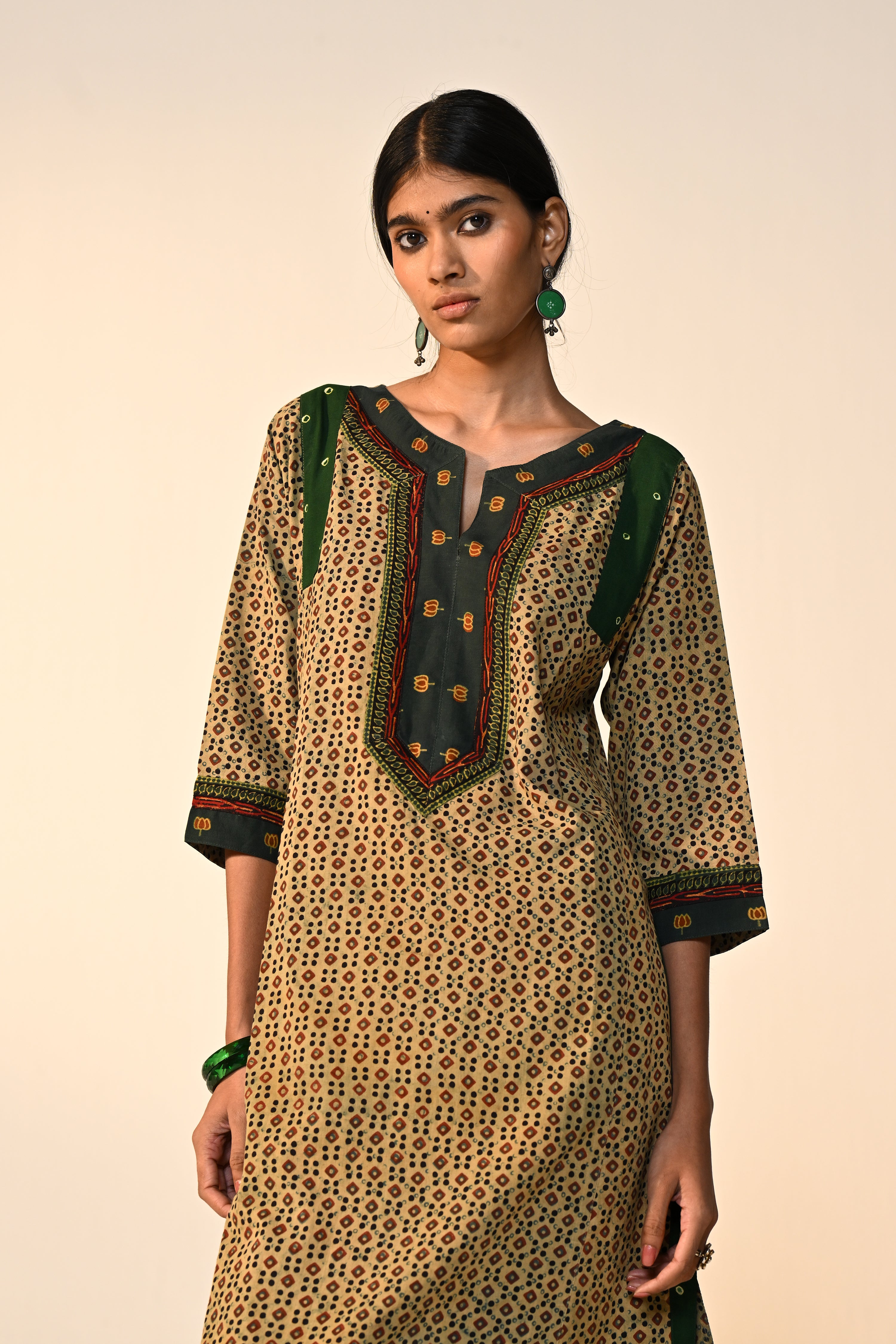 Adara Cotton Vanaspati Printed Kurta Beige Green