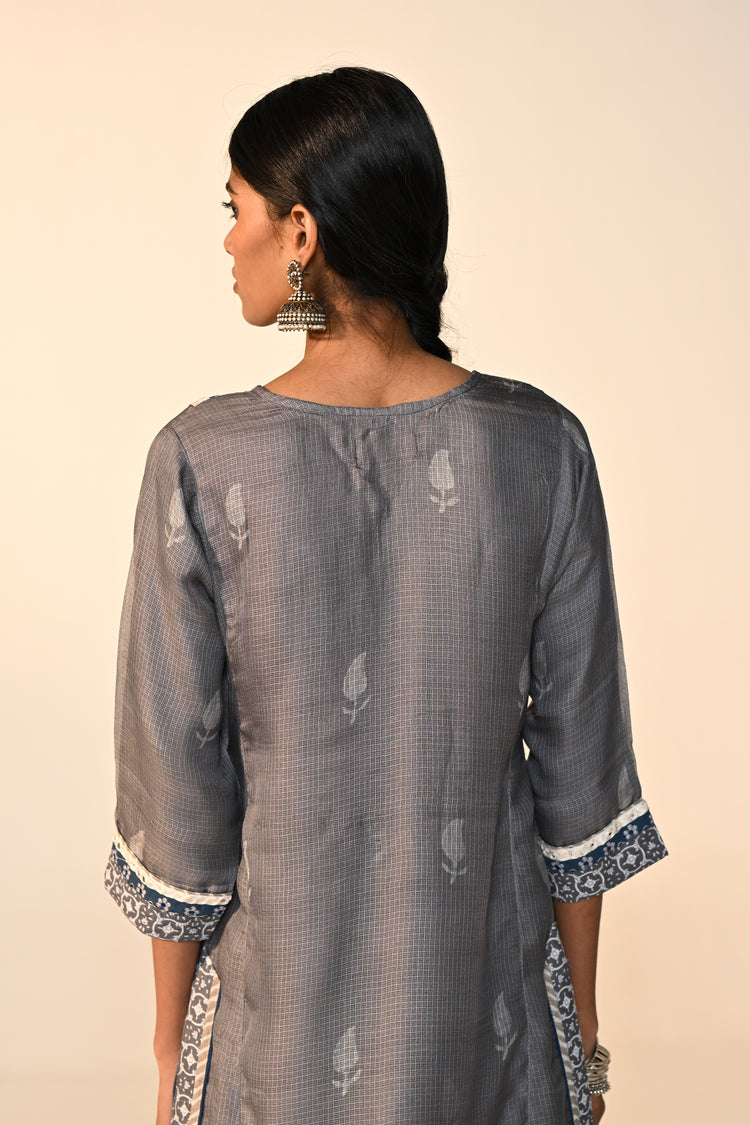 Rozana Kota Silk Printed Kurta Grey (Set Of 2)