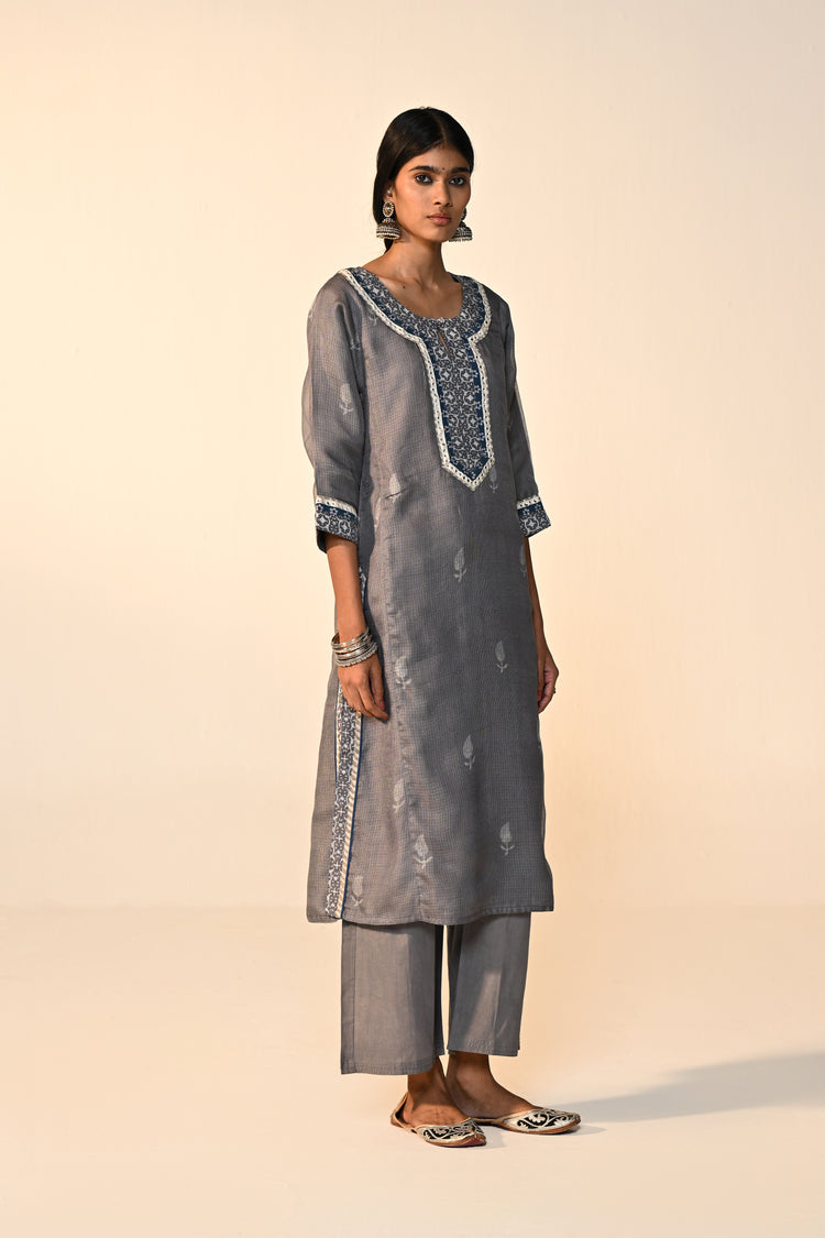 Rozana Kota Silk Printed Kurta Grey (Set Of 2)