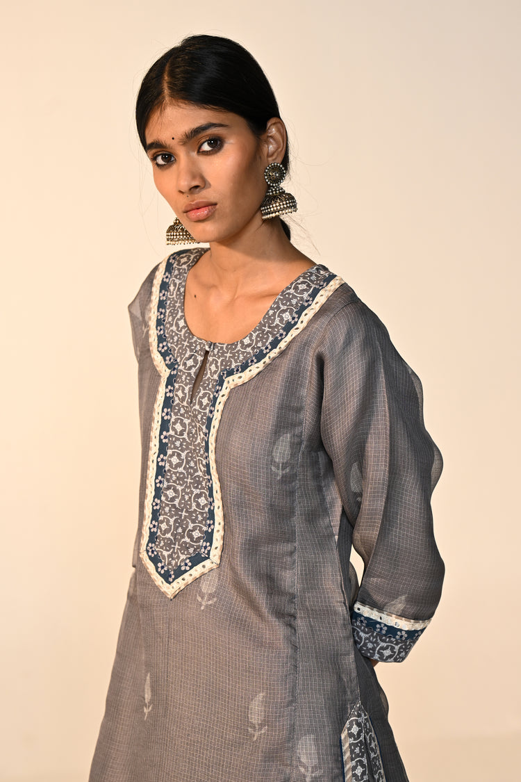 Rozana Kota Silk Printed Kurta Grey (Set Of 2)