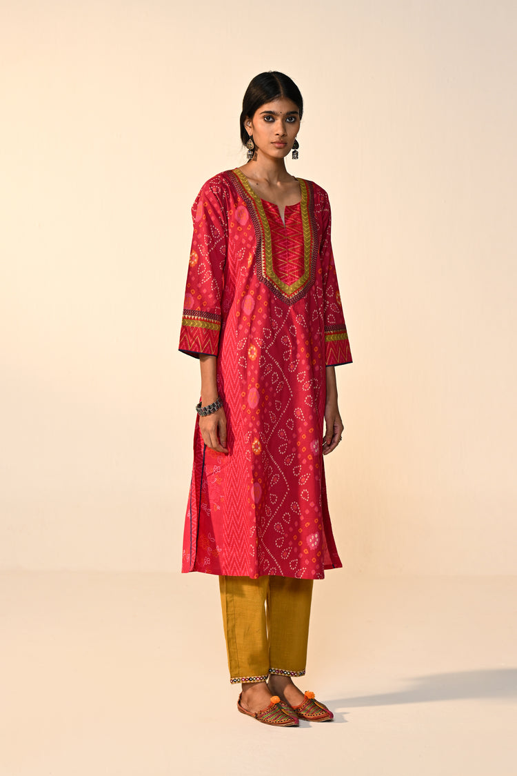 Adya Cotton Bandhani Printed Kurta Pink (Set Of 3)