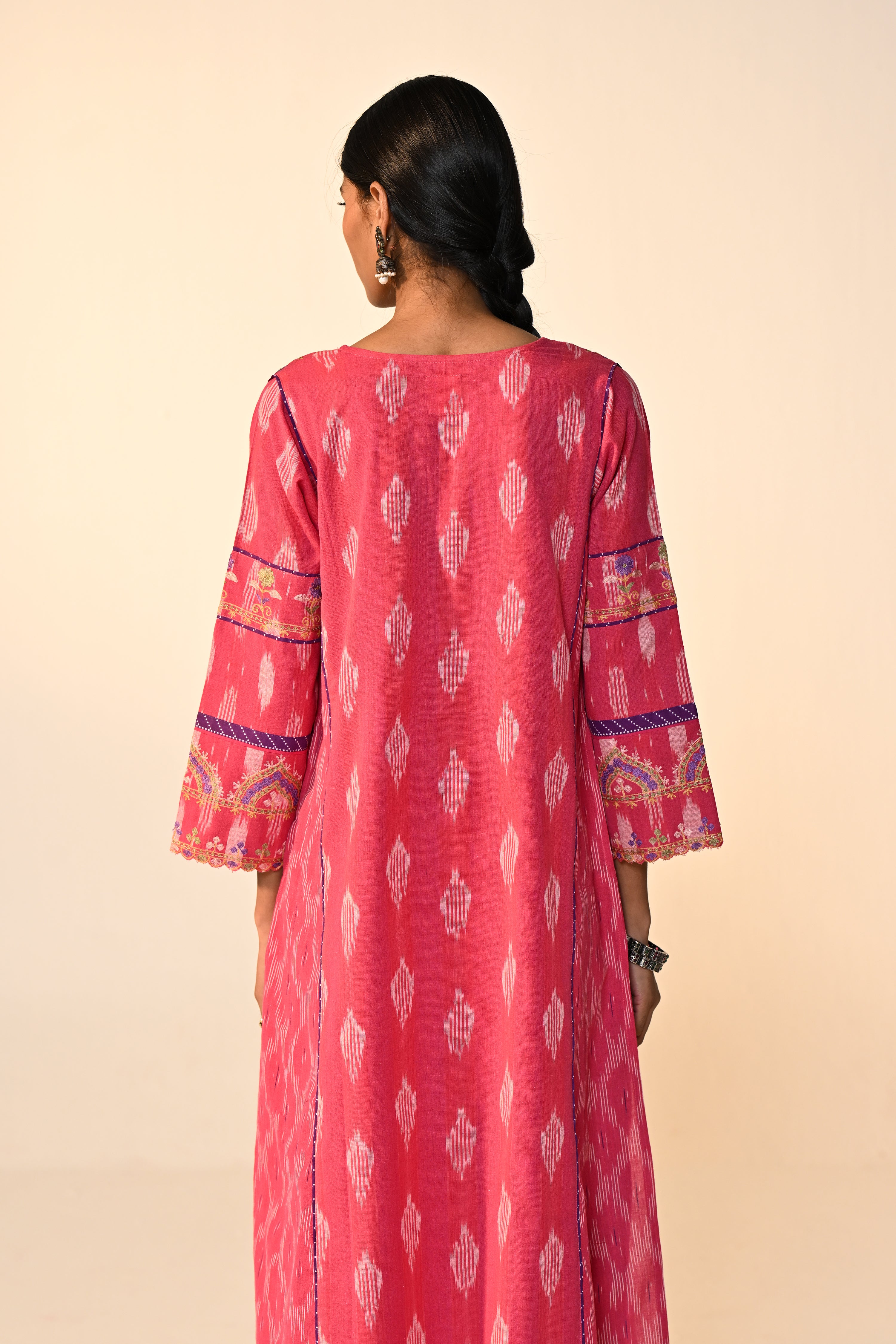 Madhu Cotton Ikkat Printed Embroidered Kurta Pink (Set Of 3)