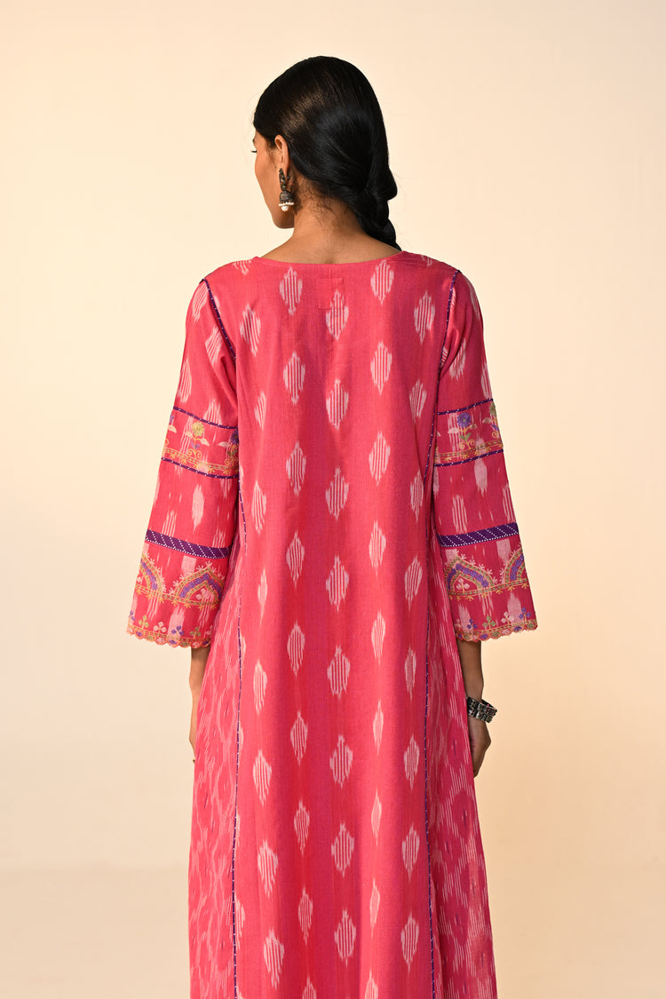 Madhu Cotton Ikkat Printed Embroidered Kurta Pink (Set Of 3)