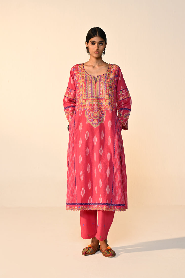 Madhu Cotton Ikkat Printed Embroidered Kurta Pink (Set Of 3)