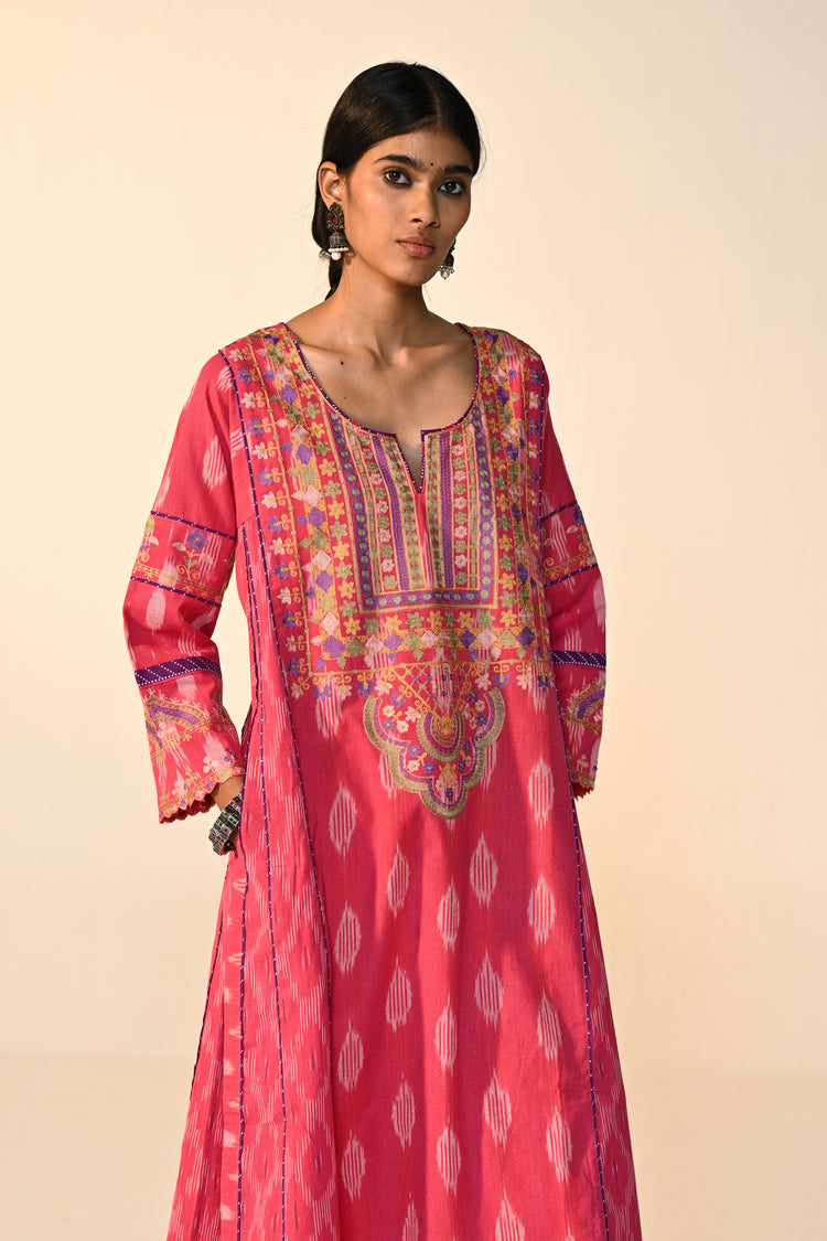 Madhu Cotton Ikkat Printed Embroidered Kurta Pink (Set Of 3)