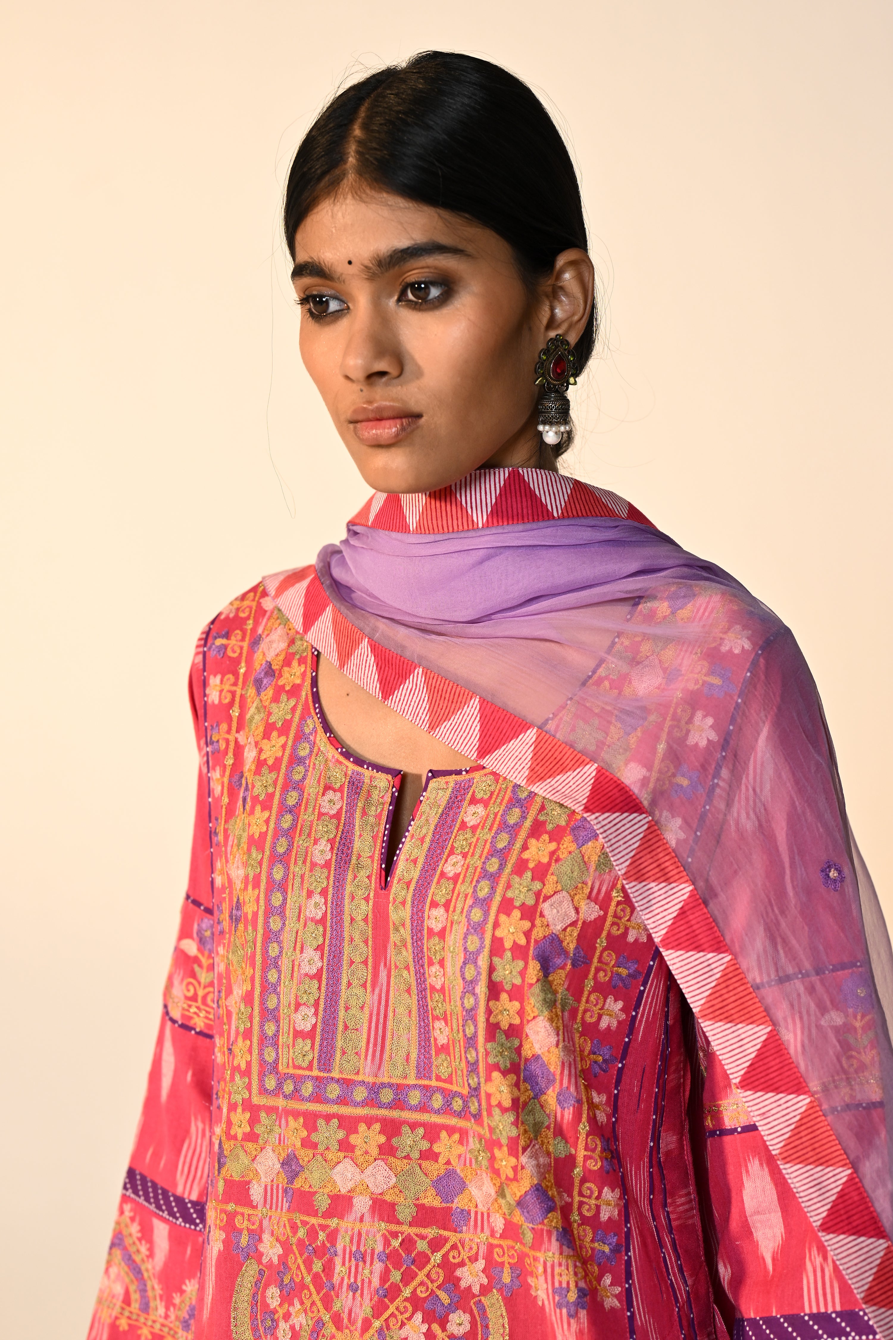Madhu Cotton Ikkat Printed Embroidered Kurta Pink (Set Of 3)