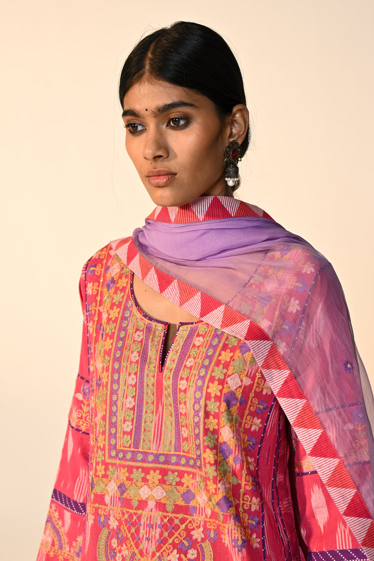 Madhu Cotton Ikkat Printed Embroidered Kurta Pink (Set Of 3)