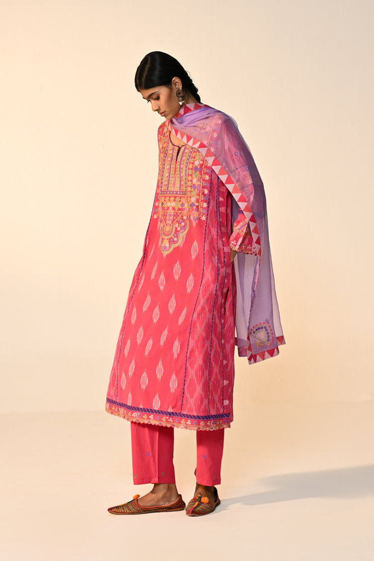 Madhu Cotton Ikkat Printed Embroidered Kurta Pink (Set Of 3)