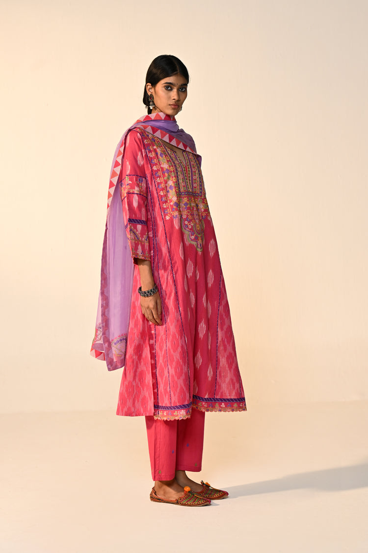 Madhu Cotton Ikkat Printed Embroidered Kurta Pink (Set Of 3)