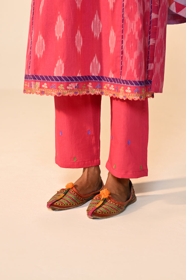 Madhu Cotton Ikkat Printed Embroidered Kurta Pink (Set Of 3)