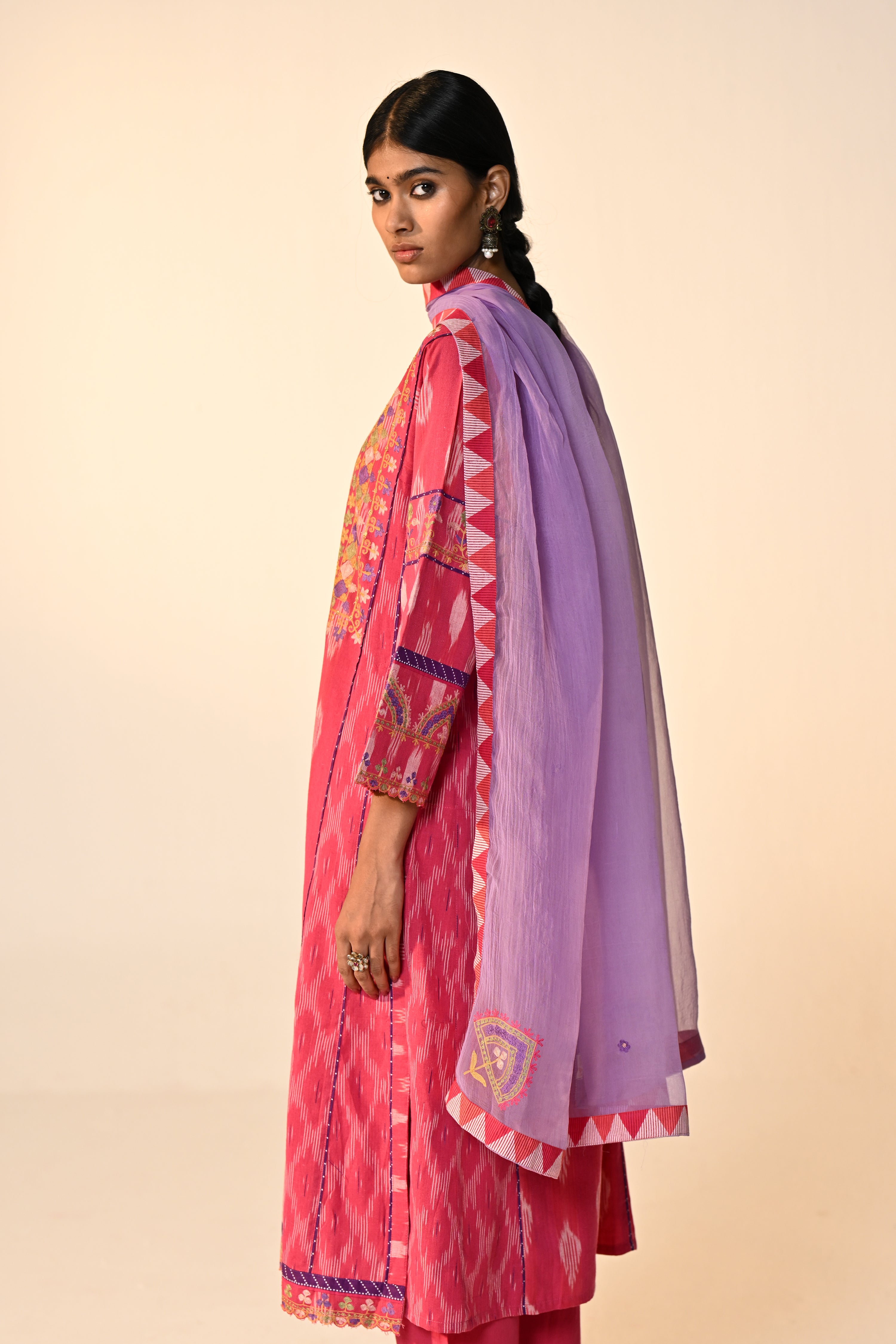 Madhu Cotton Ikkat Printed Embroidered Kurta Pink (Set Of 3)