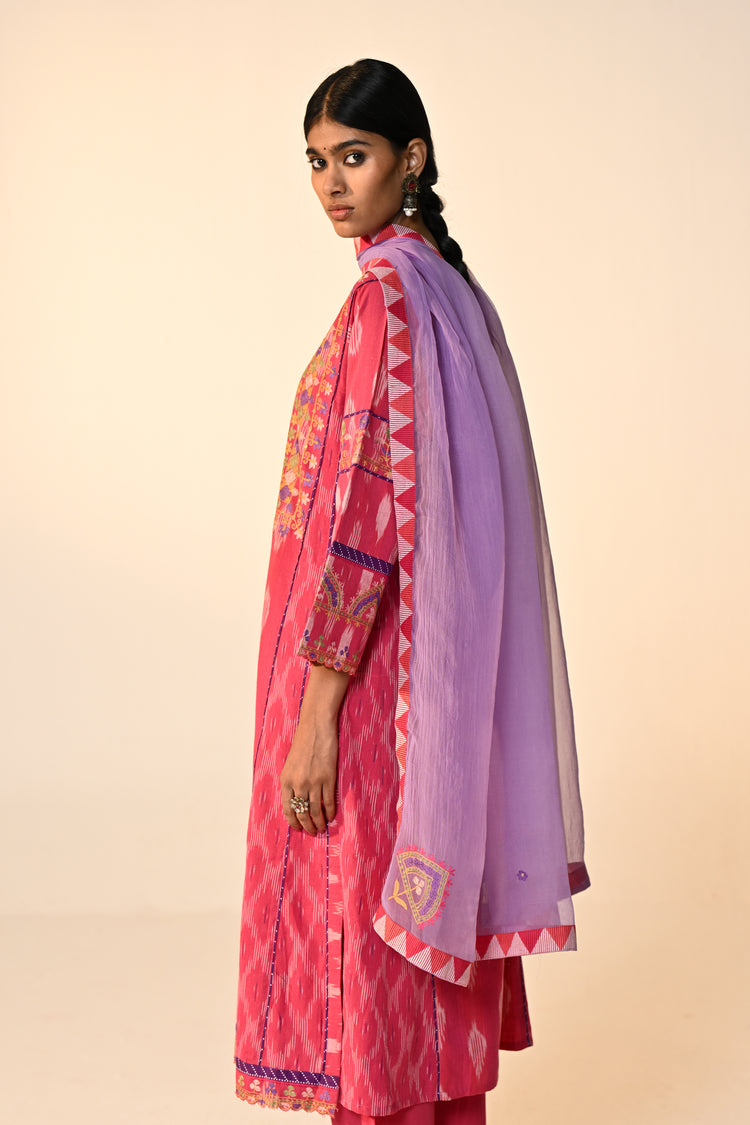 Madhu Cotton Ikkat Printed Embroidered Kurta Pink (Set Of 3)