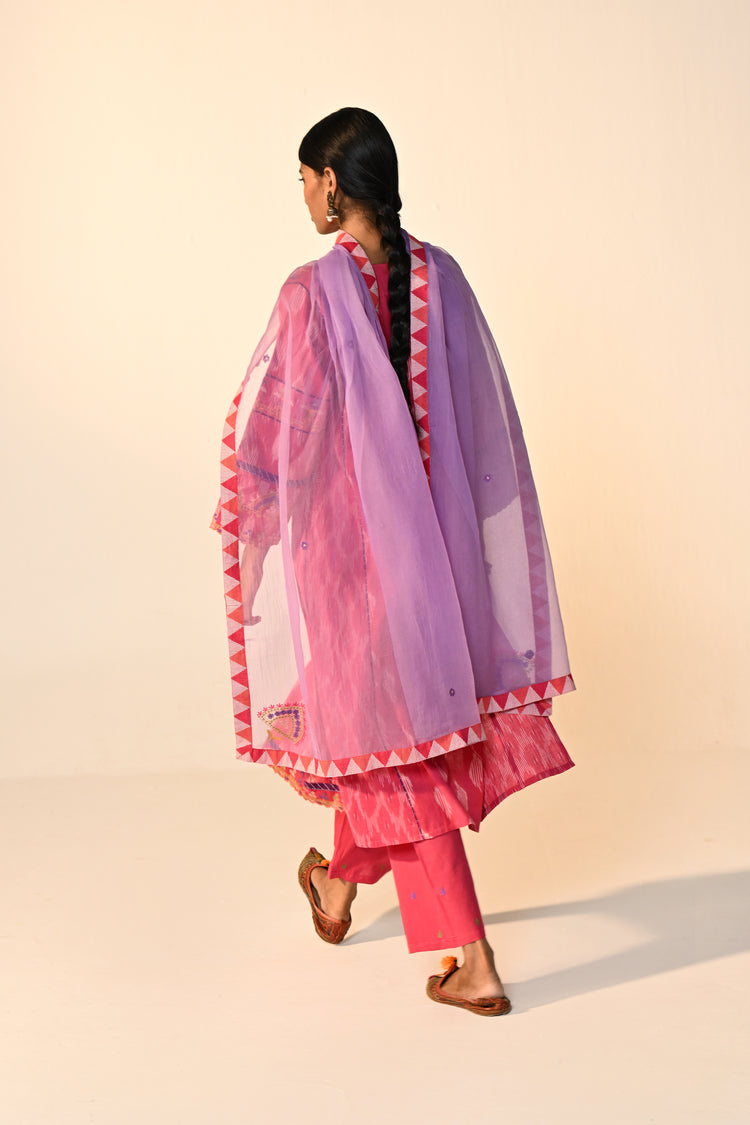 Madhu Cotton Ikkat Printed Embroidered Kurta Pink (Set Of 3)