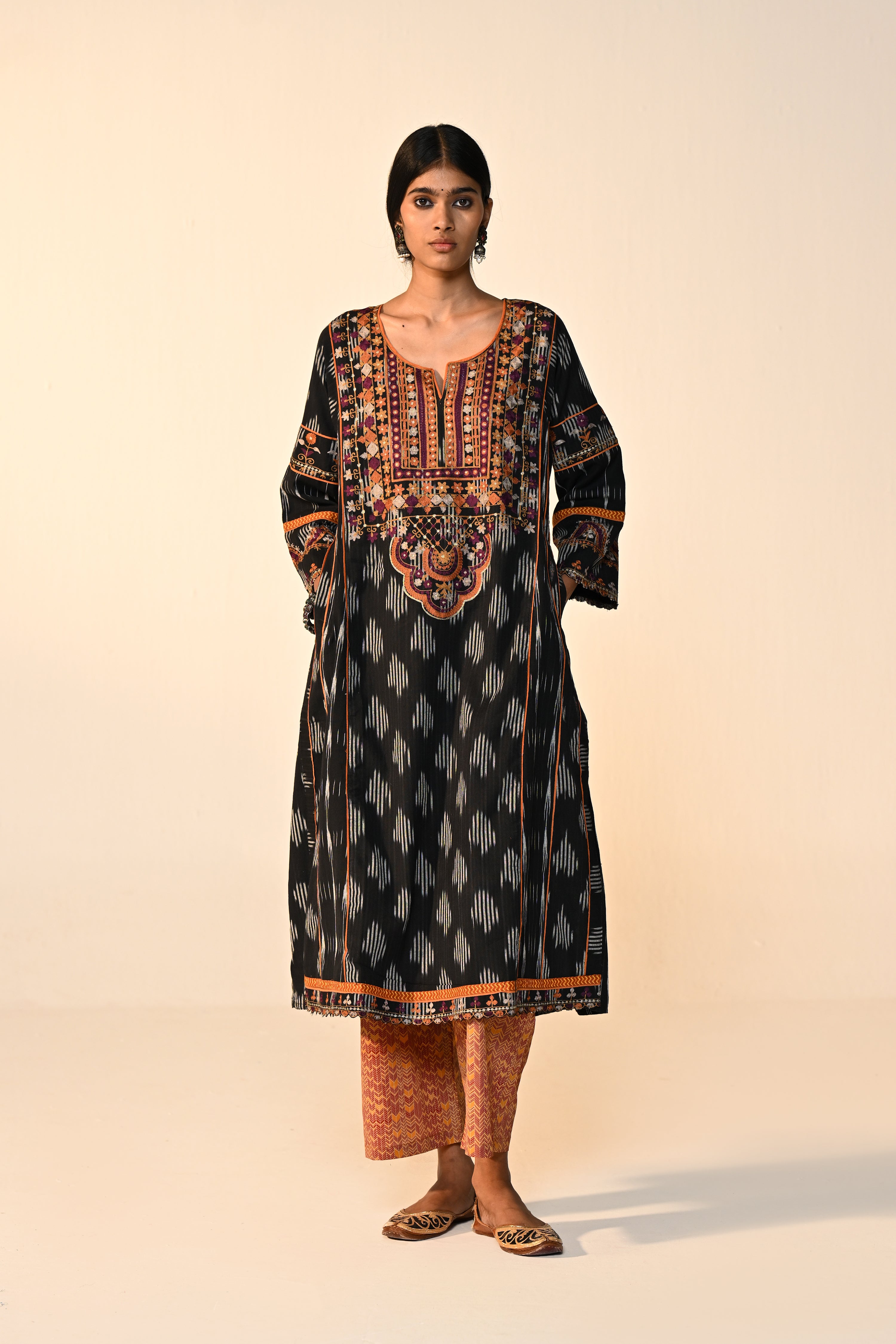 Madhu Cotton Ikkat Printed Embroidered Kurta Black (Set Of 3)