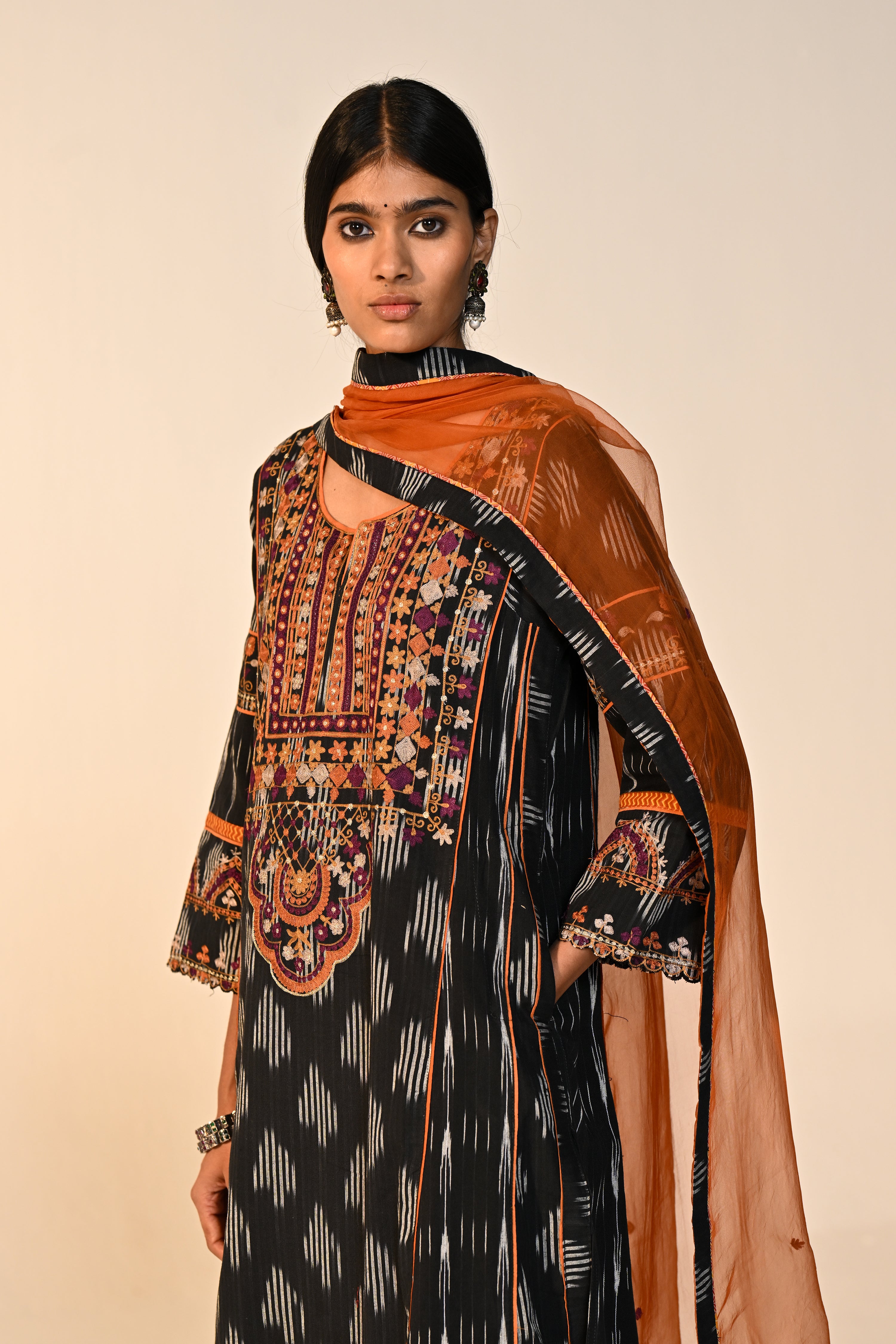 Madhu Cotton Ikkat Printed Embroidered Kurta Black (Set Of 3)
