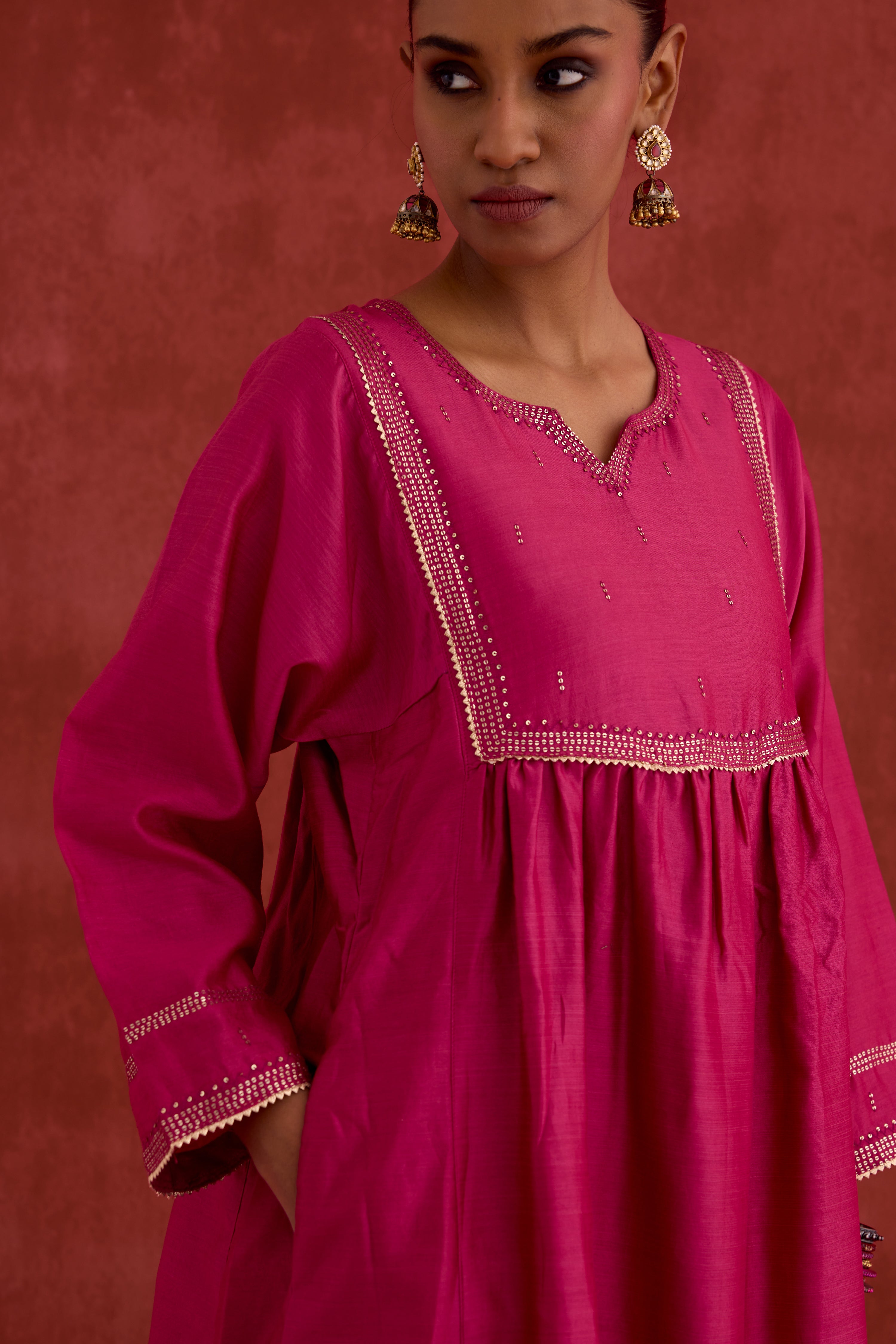 Meera Embroidered Chanderi Kurta Magenta (10039785718059)
