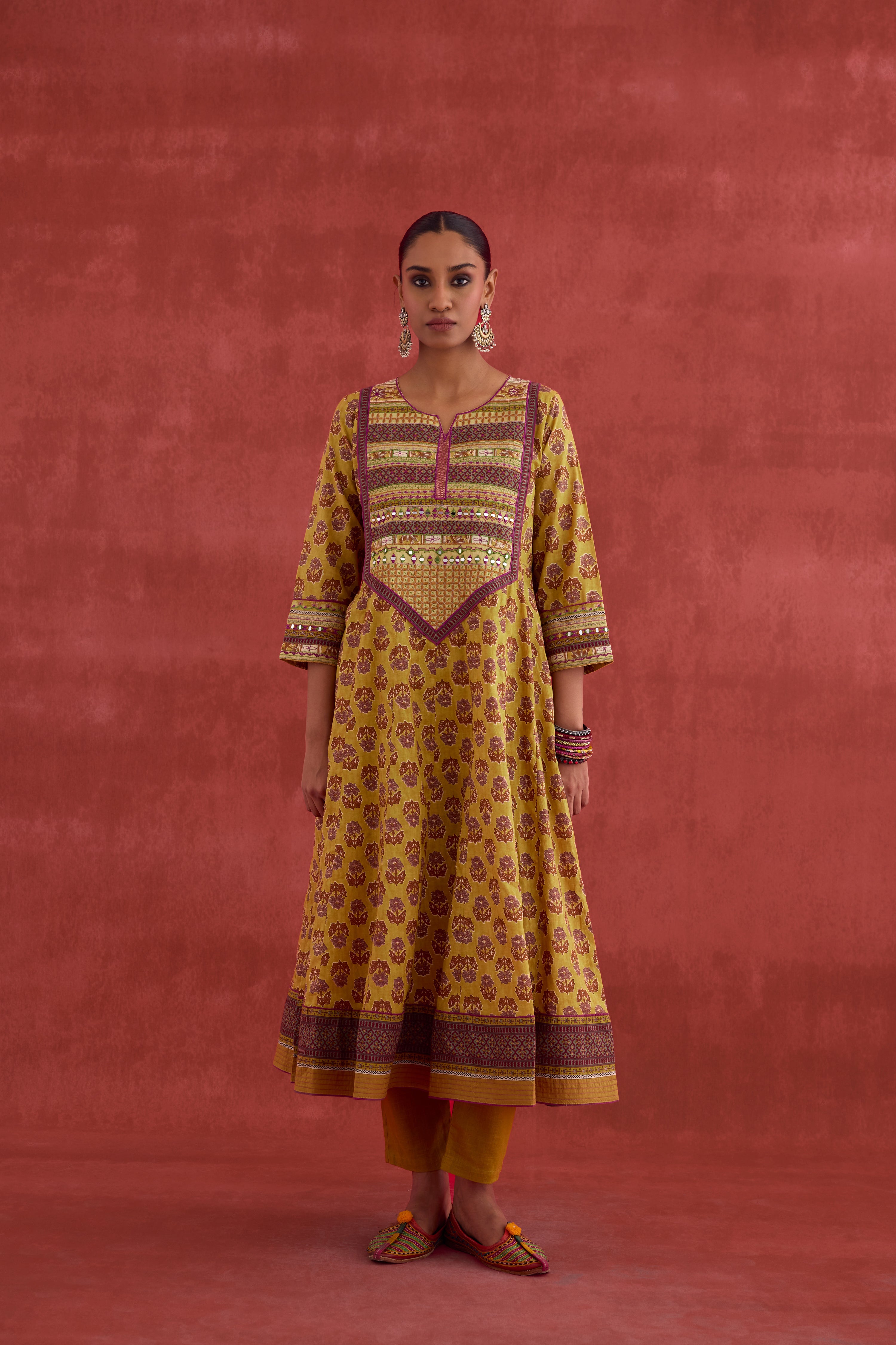 Navya Embroidered Printed Cotton Kurta Mustard (10039834771755)