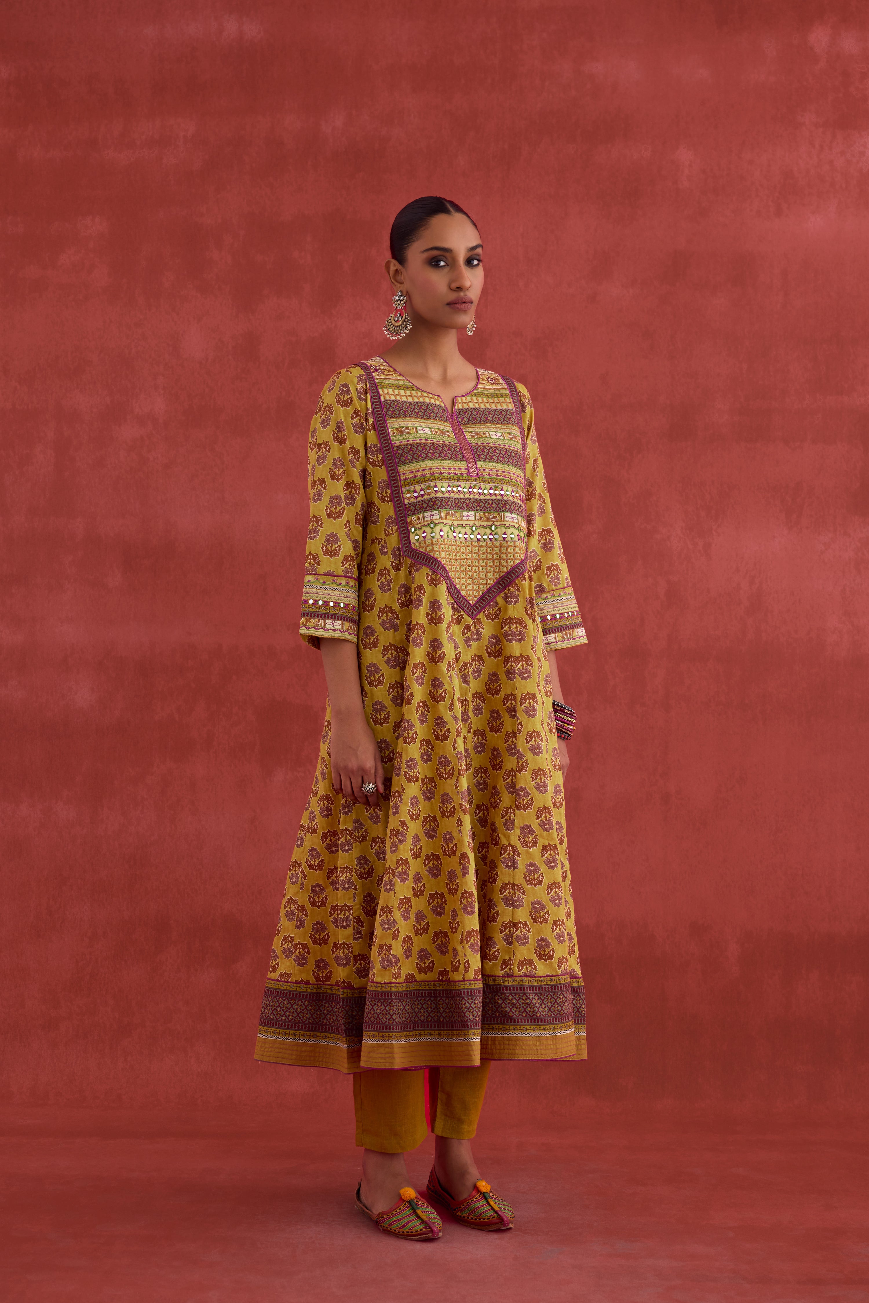 Navya Embroidered Printed Cotton Kurta Mustard (10039834771755)