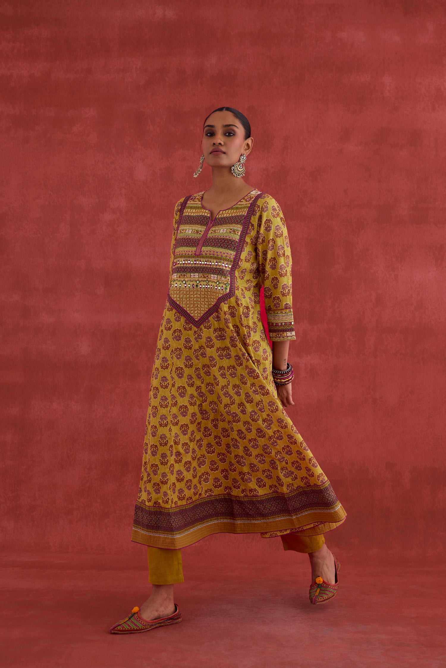 Navya Embroidered Printed Cotton Kurta Mustard (10039834771755)