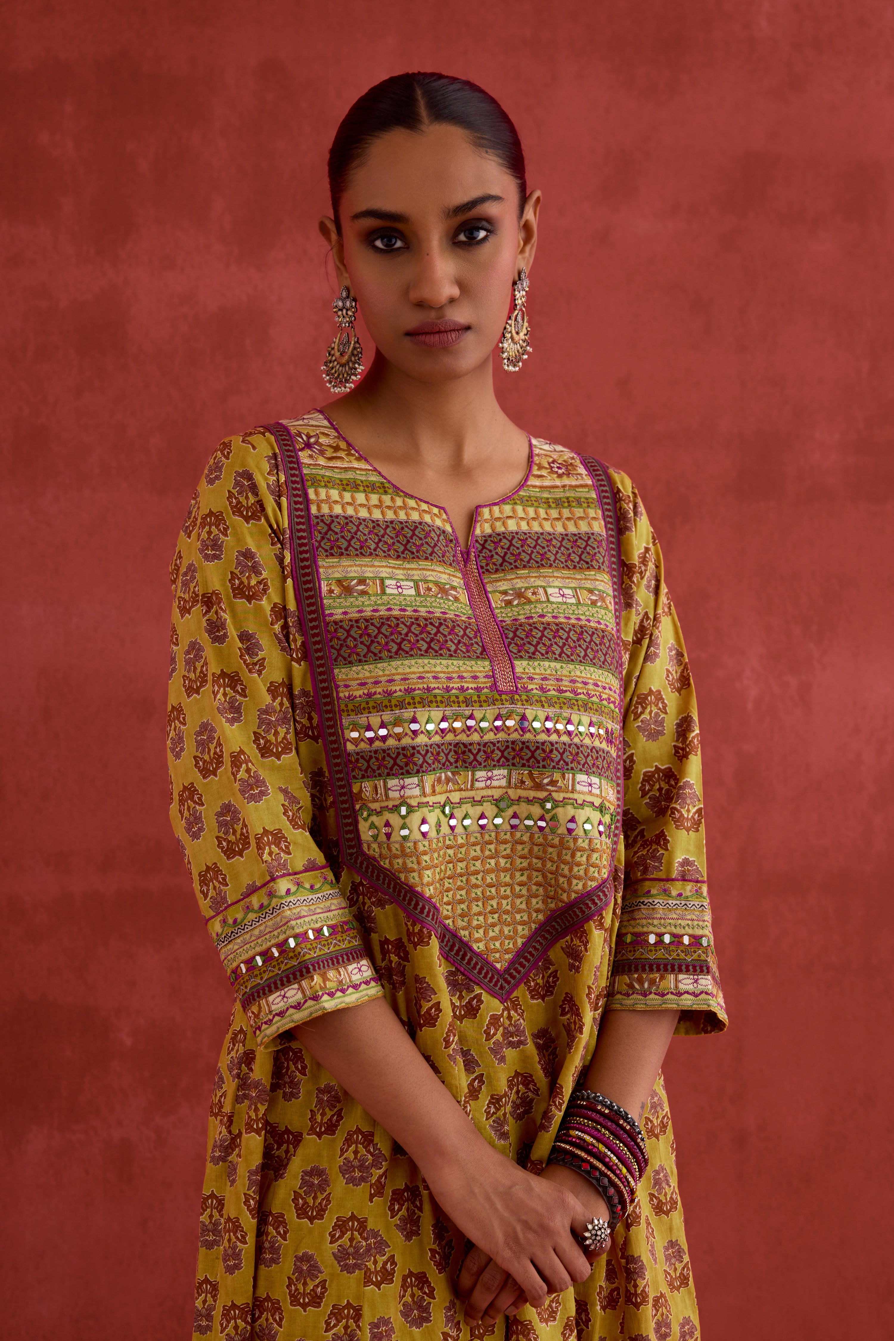 Navya Embroidered Printed Cotton Kurta Mustard (10039834771755)