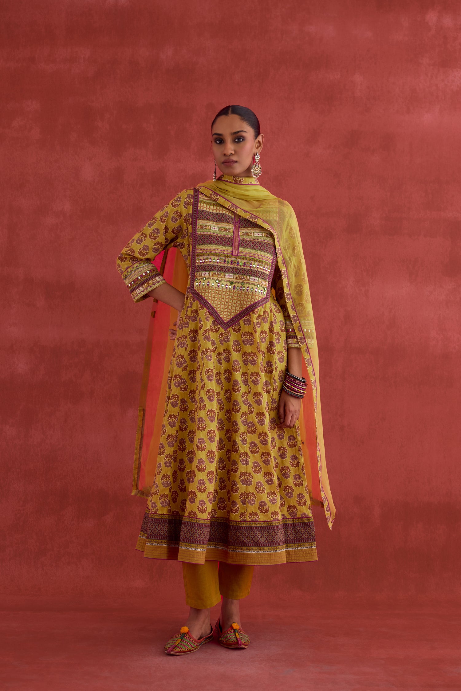 Navya Embroidered Printed Cotton Kurta Mustard (10039834771755)