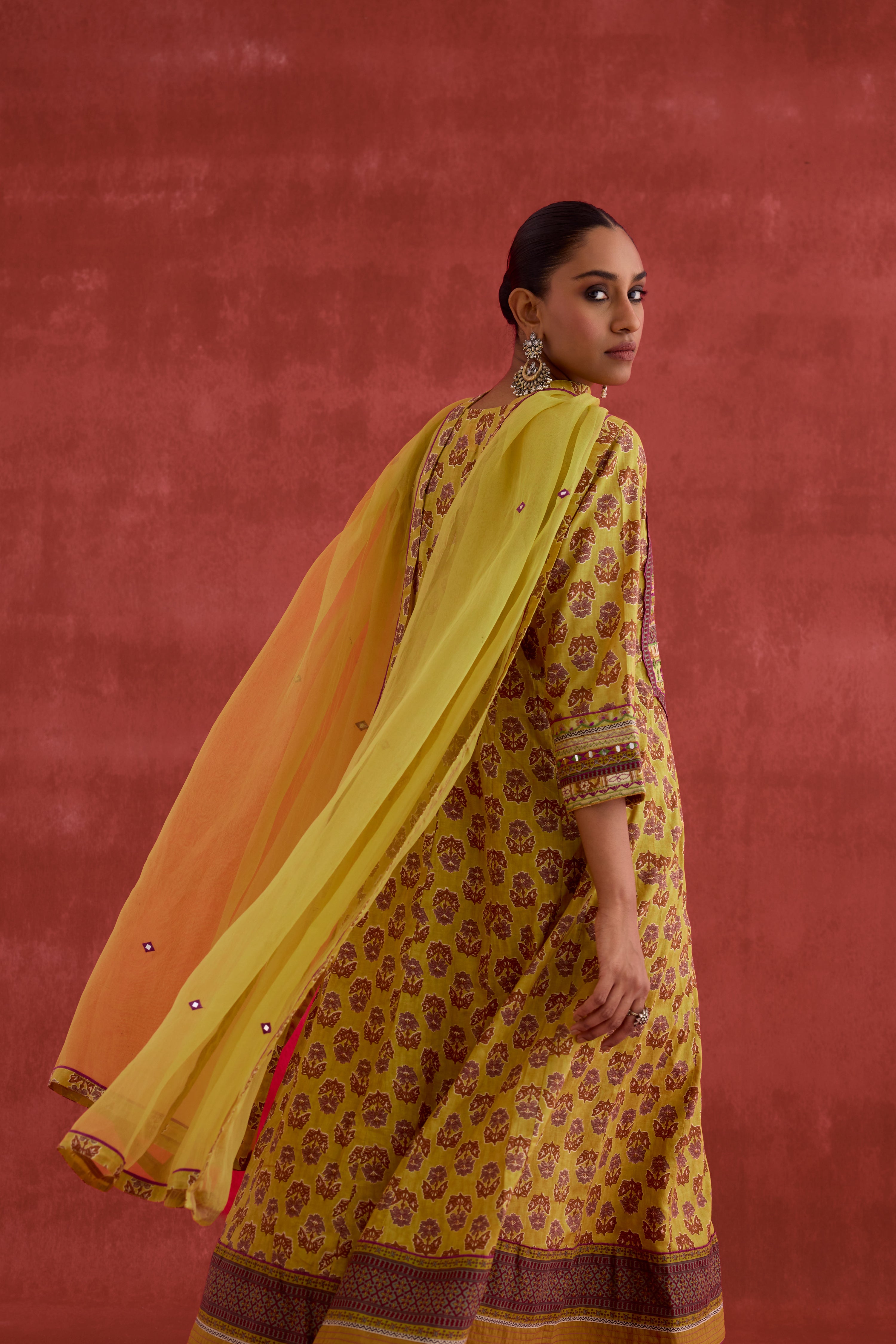 Navya Embroidered Printed Cotton Kurta Mustard (10039834771755)