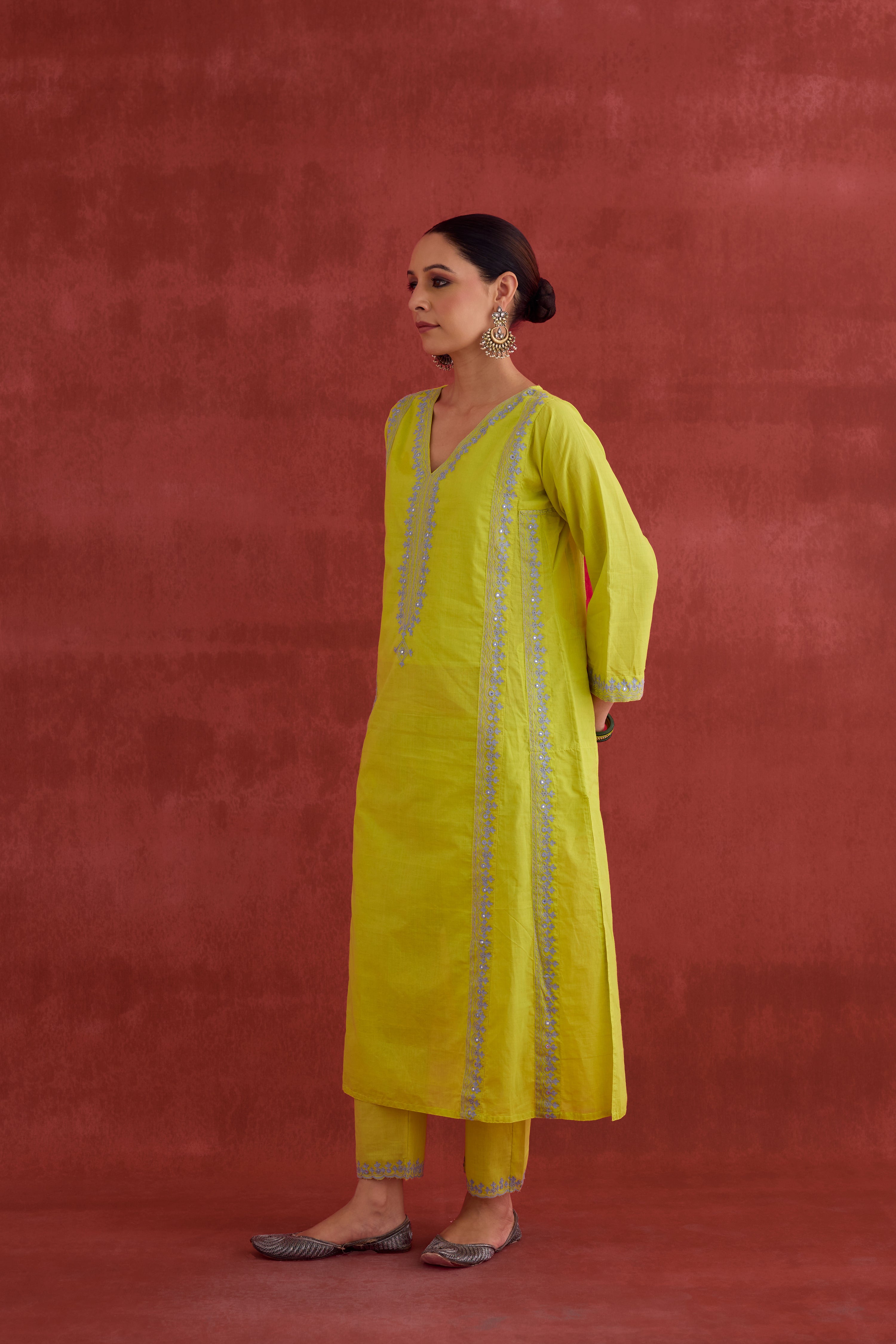 Tulsi Embroidered Cotton Kurta Lime Green (10039919018283)