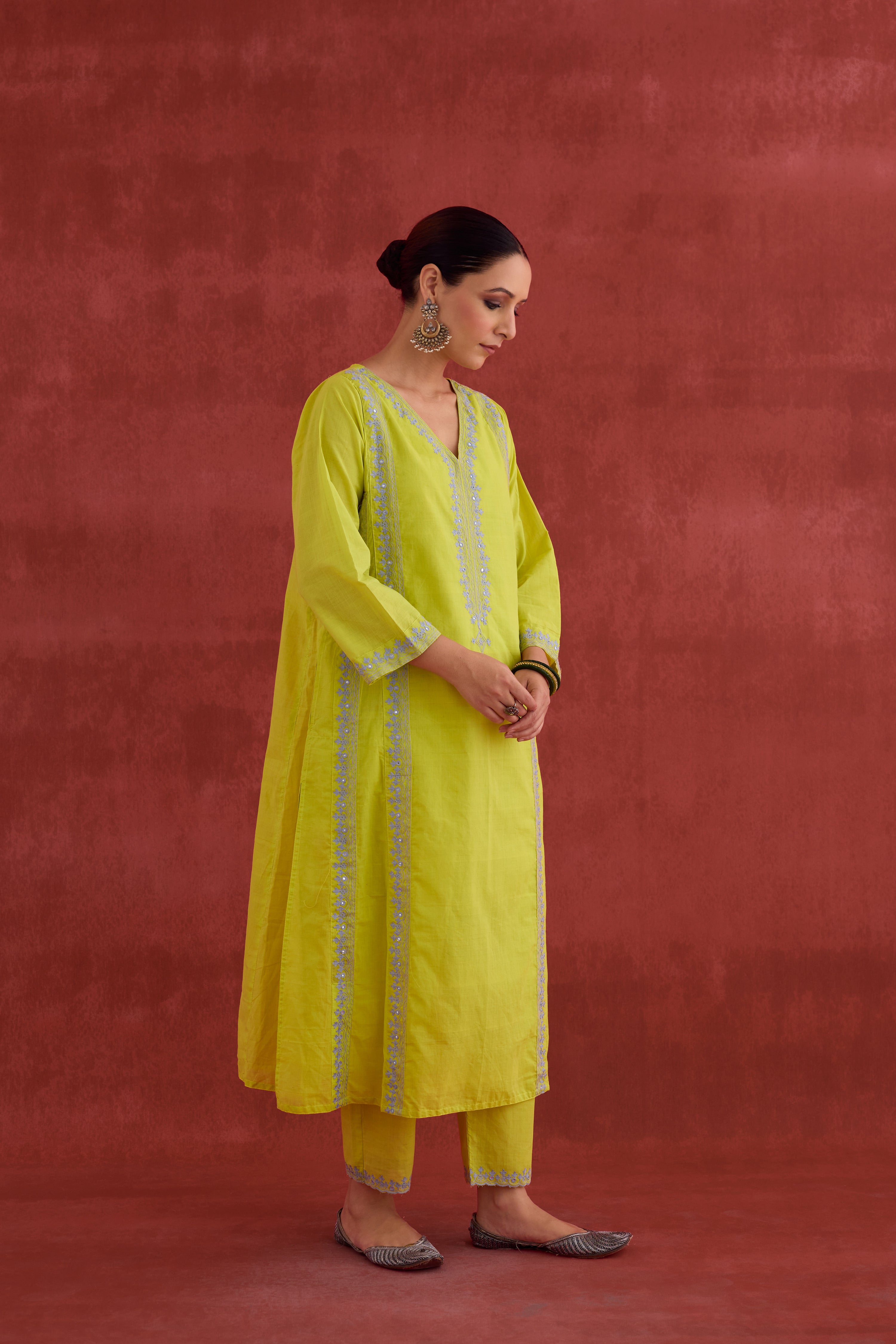 Tulsi Embroidered Cotton Kurta Lime Green (10039919018283)