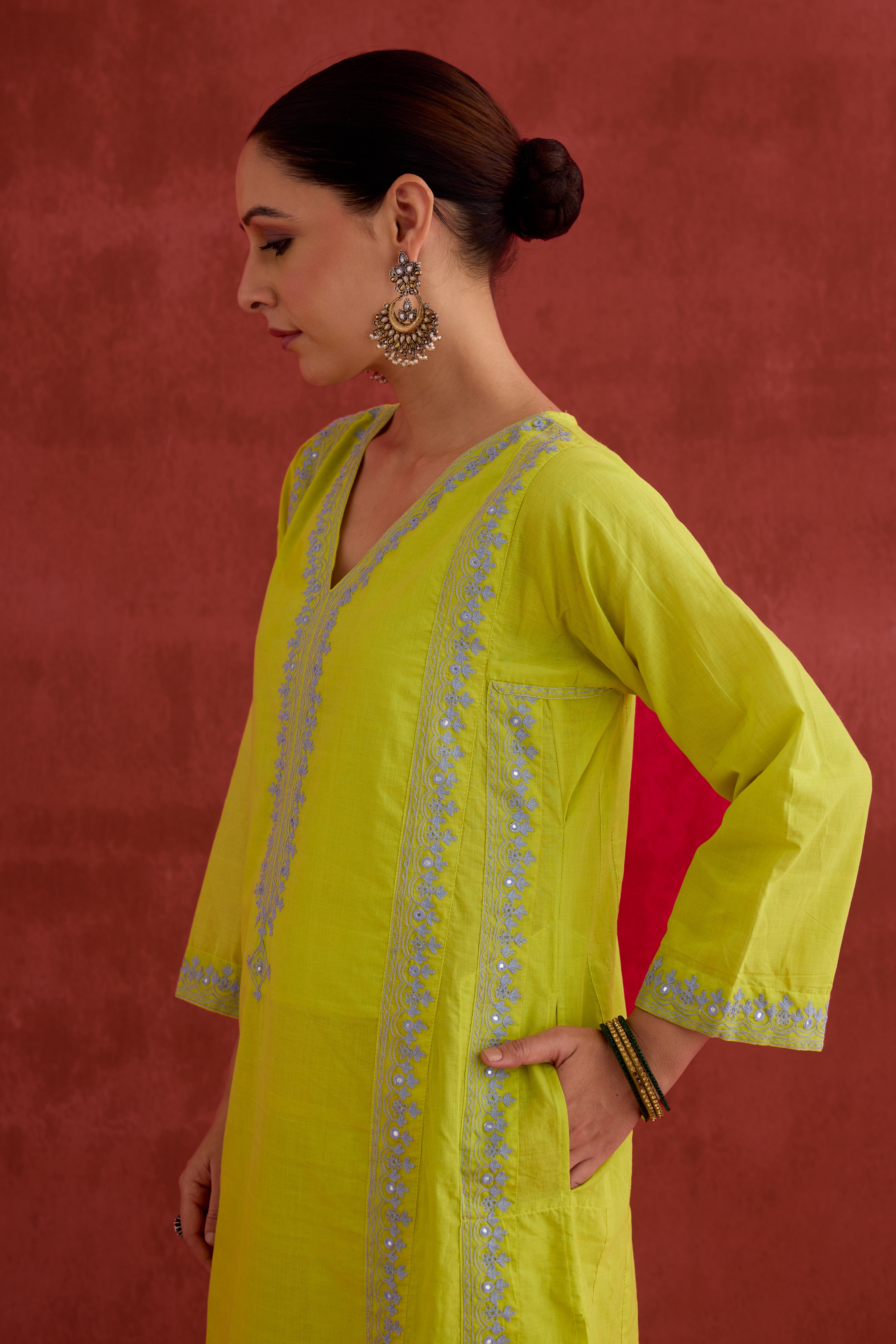 Tulsi Embroidered Cotton Kurta Lime Green (10039919018283)