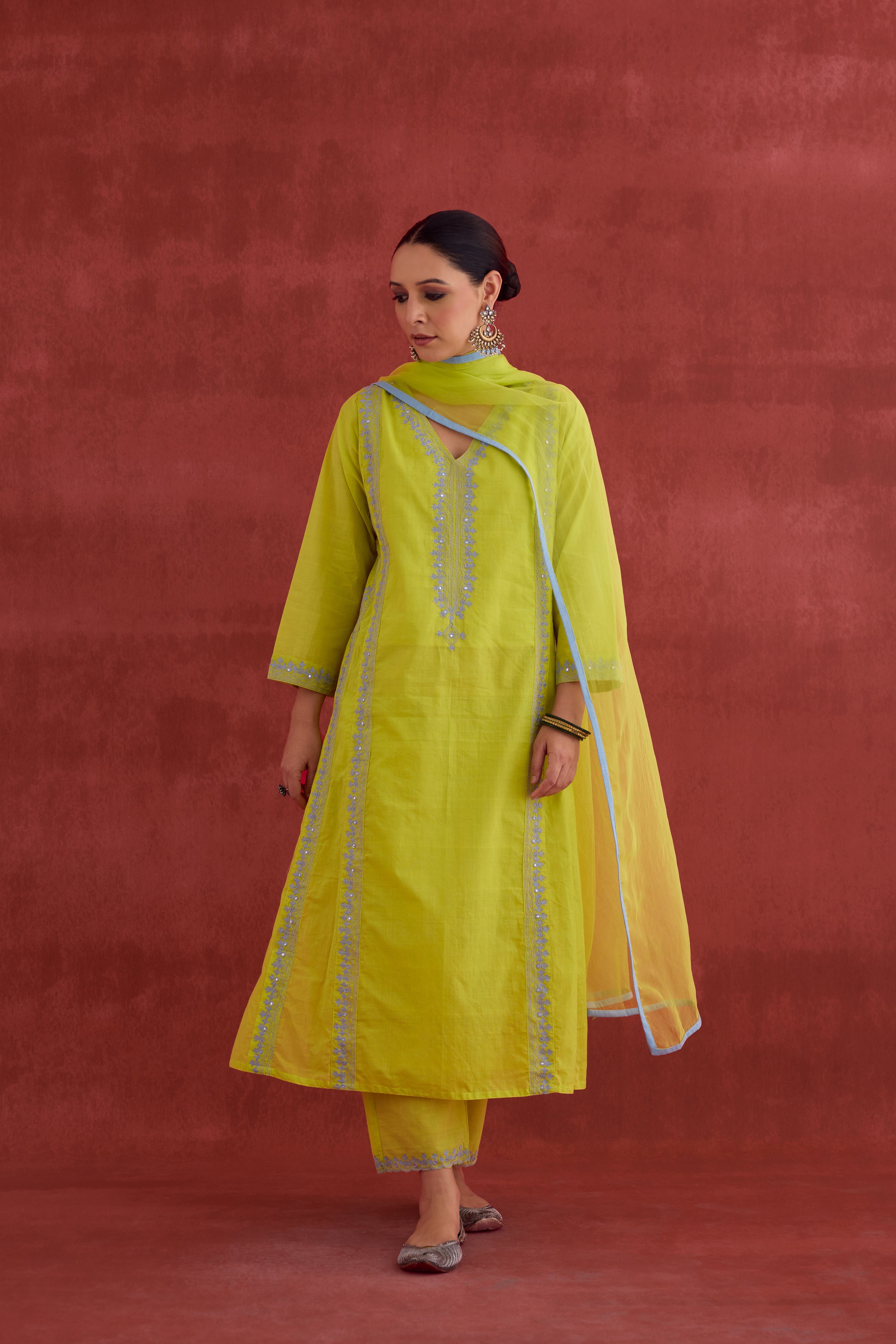 Tulsi Embroidered Cotton Kurta Lime Green (10039919018283)