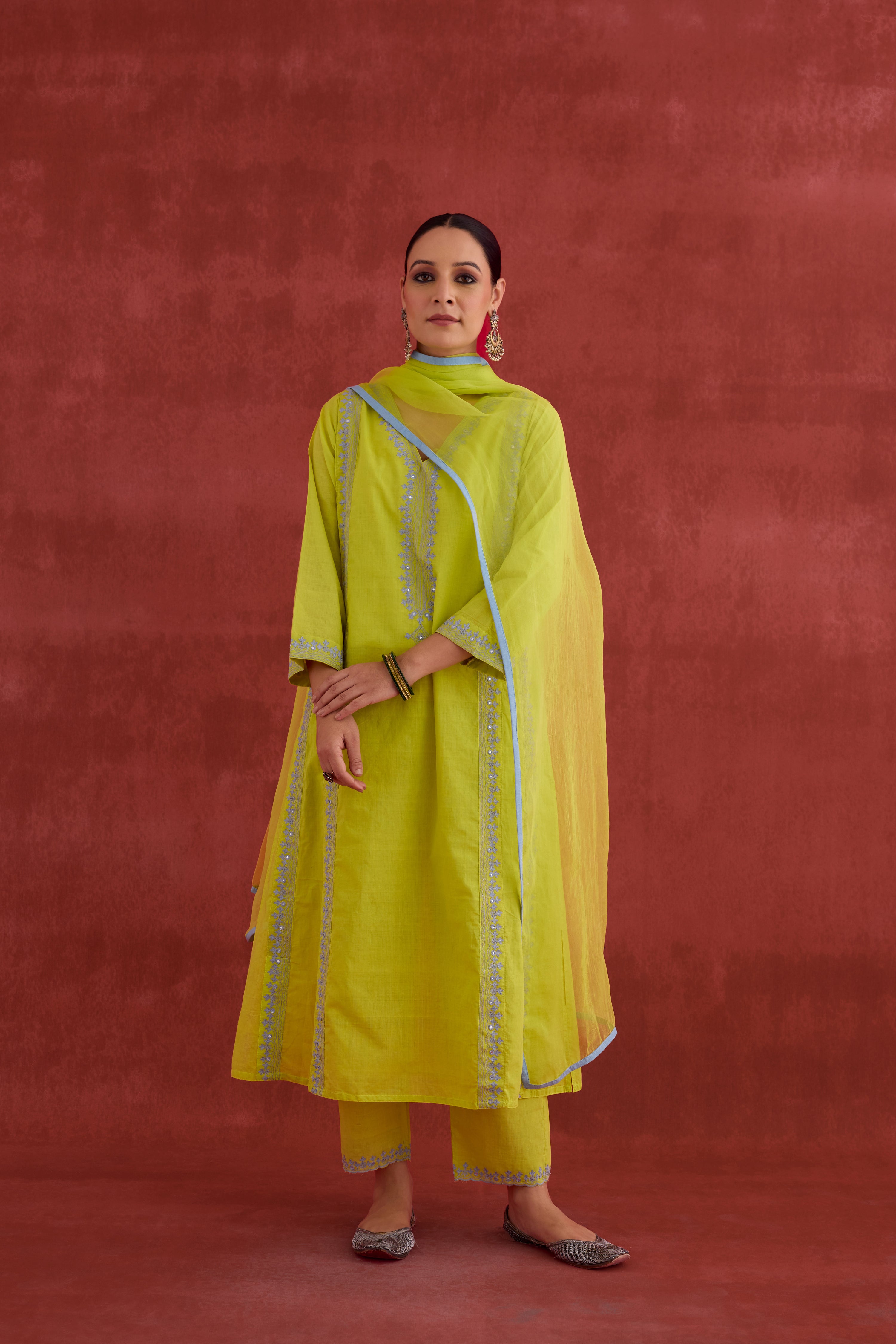 Tulsi Embroidered Cotton Kurta Lime Green (10039919018283)