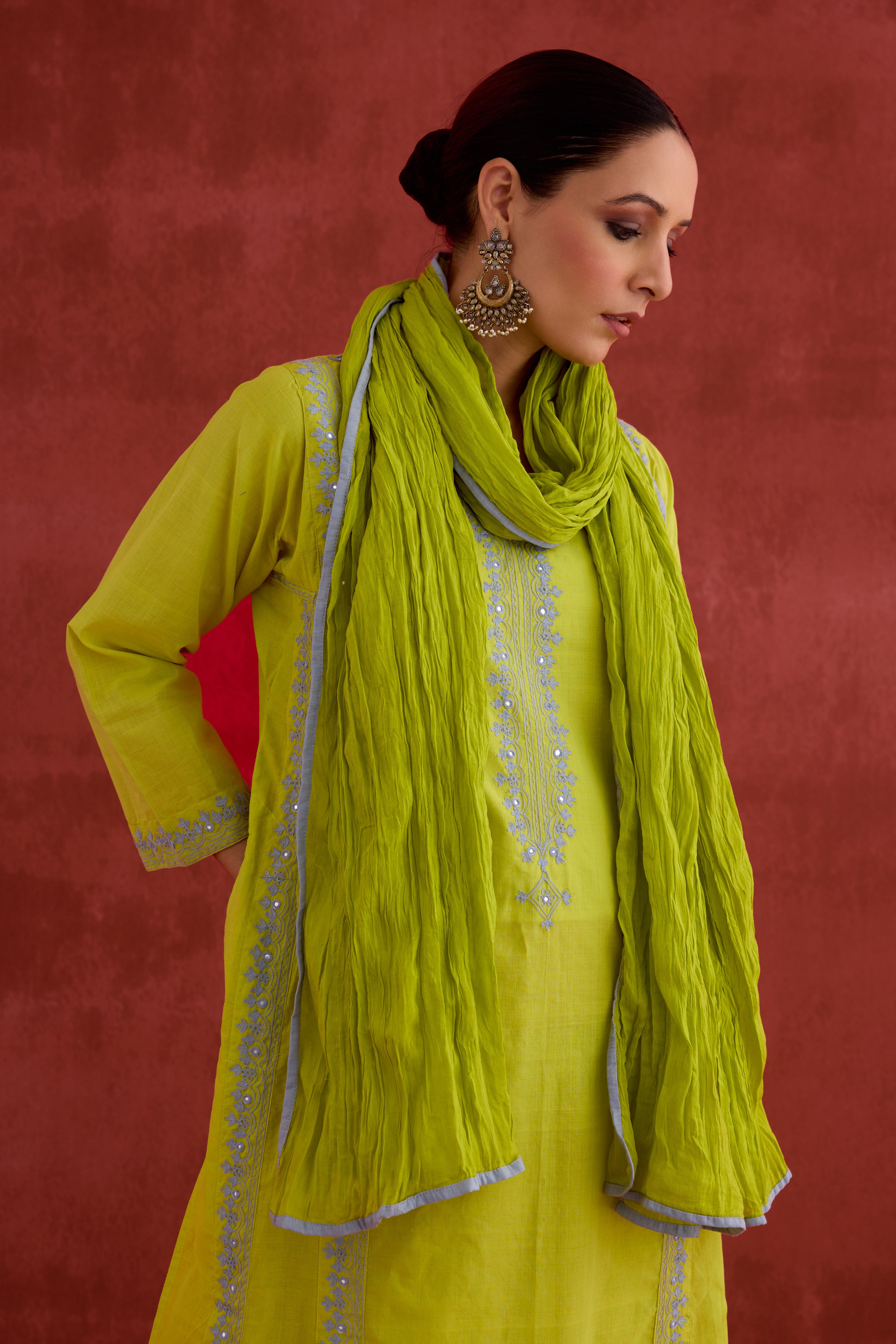 Tulsi Embroidered Cotton Kurta Lime Green (10039919018283)