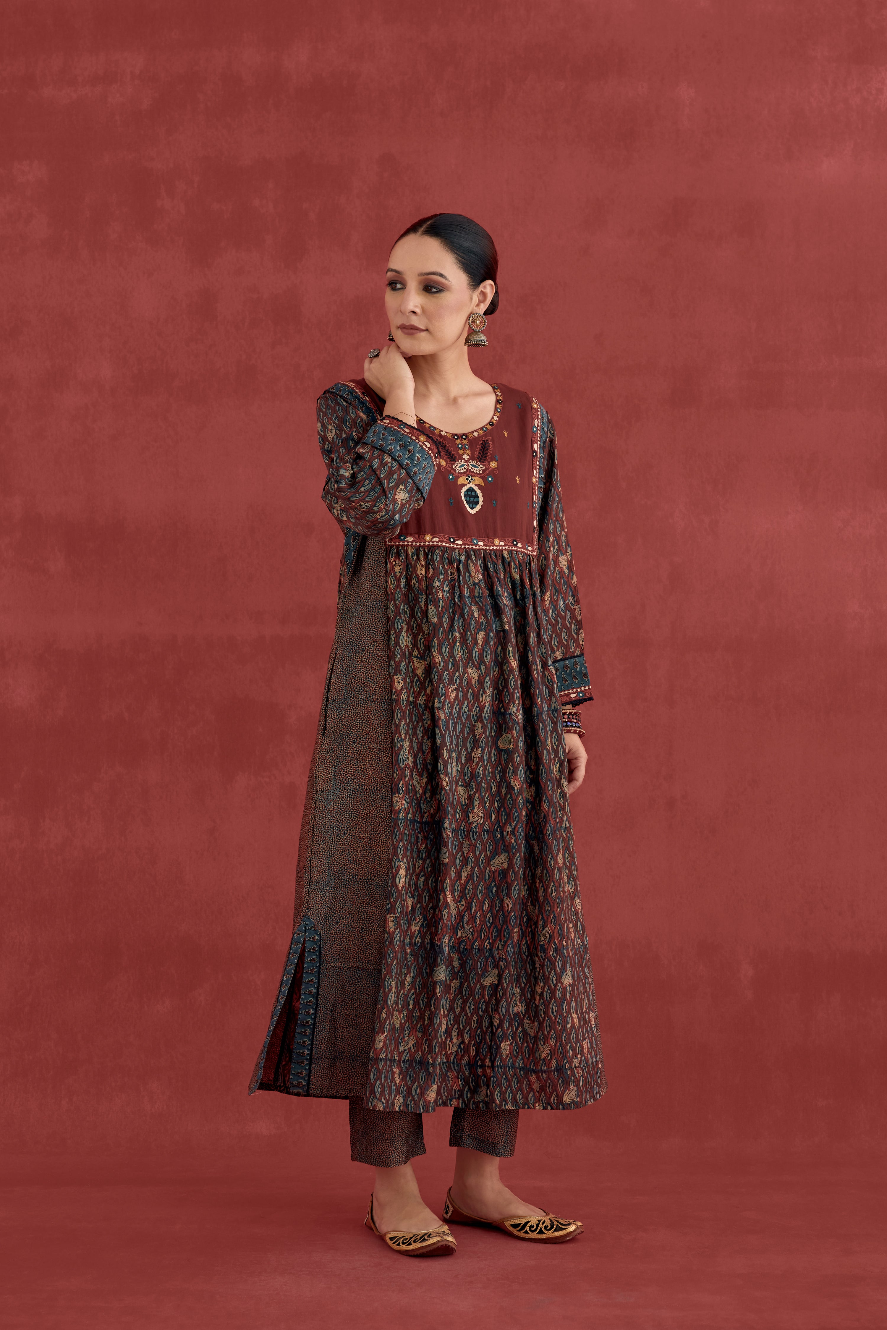 Meera Silk Embroidered Block Printed Kurta Maroon (10049539604779)