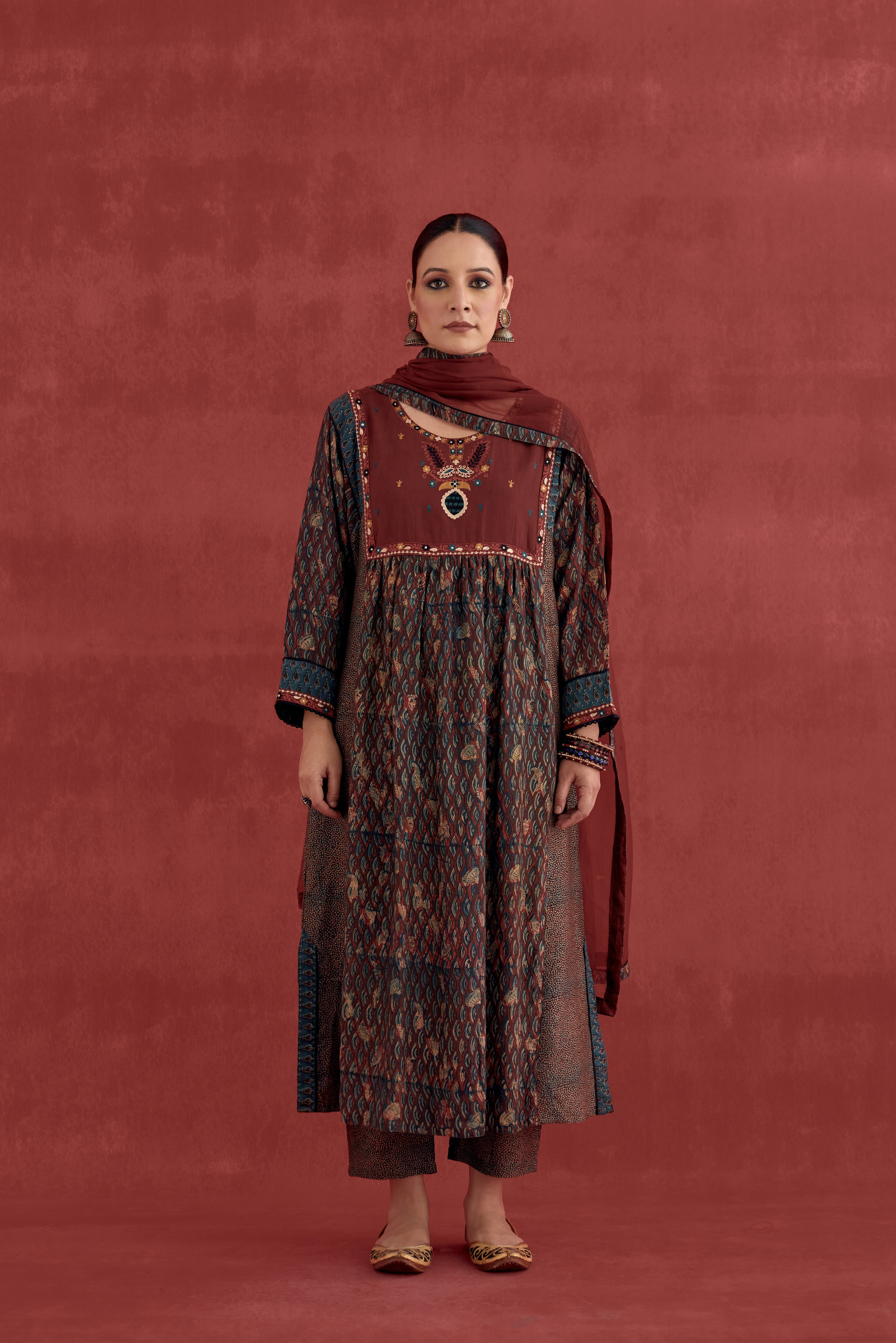 Meera Silk Embroidered Block Printed Kurta Maroon (10049539604779)
