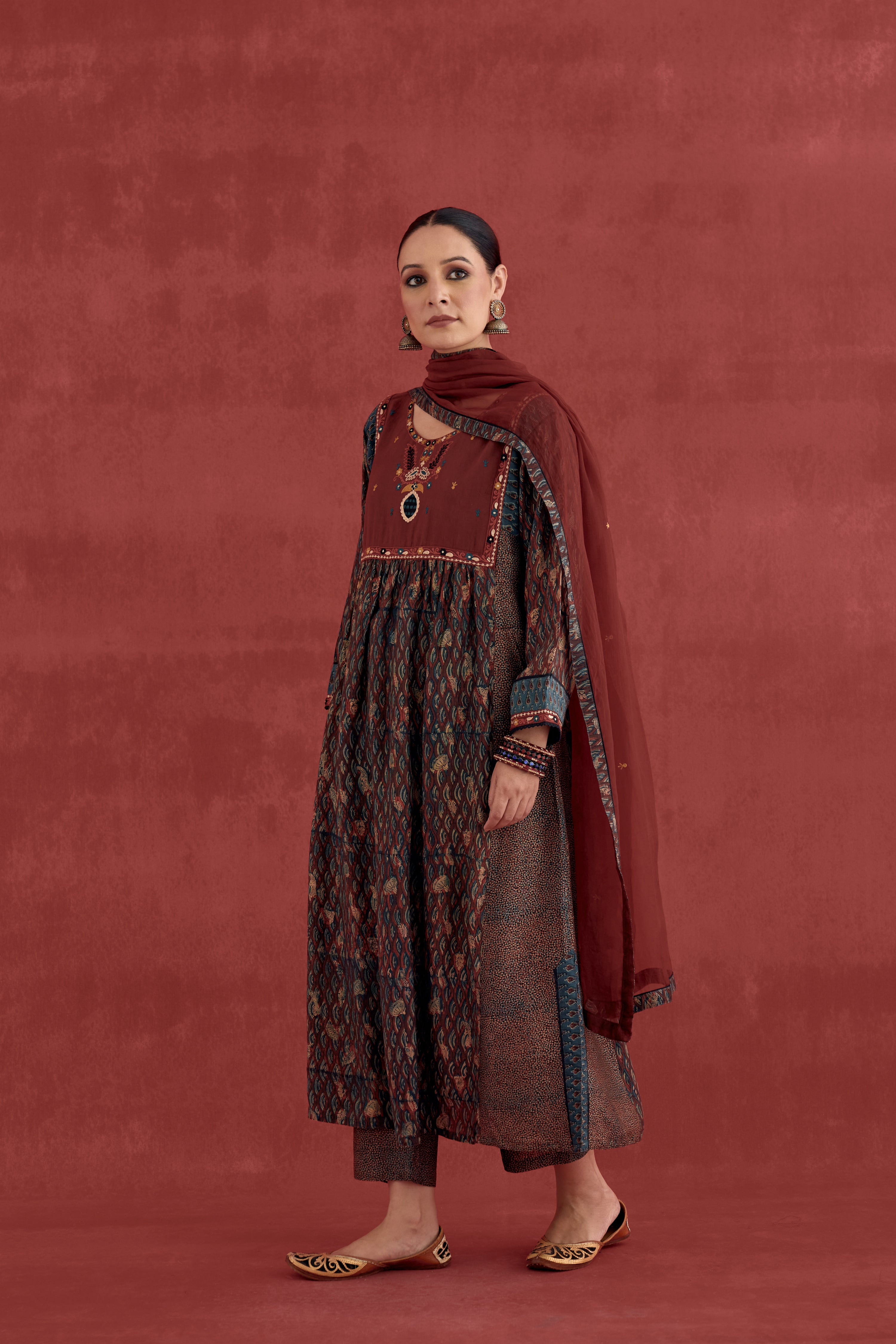 Meera Silk Embroidered Block Printed Kurta Maroon (10049539604779)
