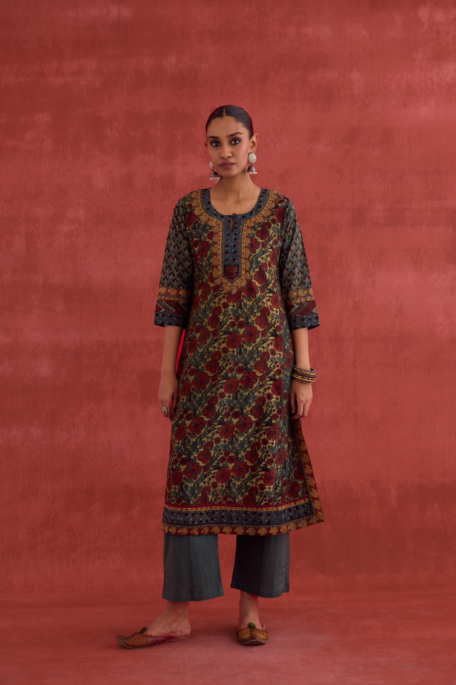Rozana Chanderi Vanaspati Block Printed Kurta Green Rust (10049093173547)