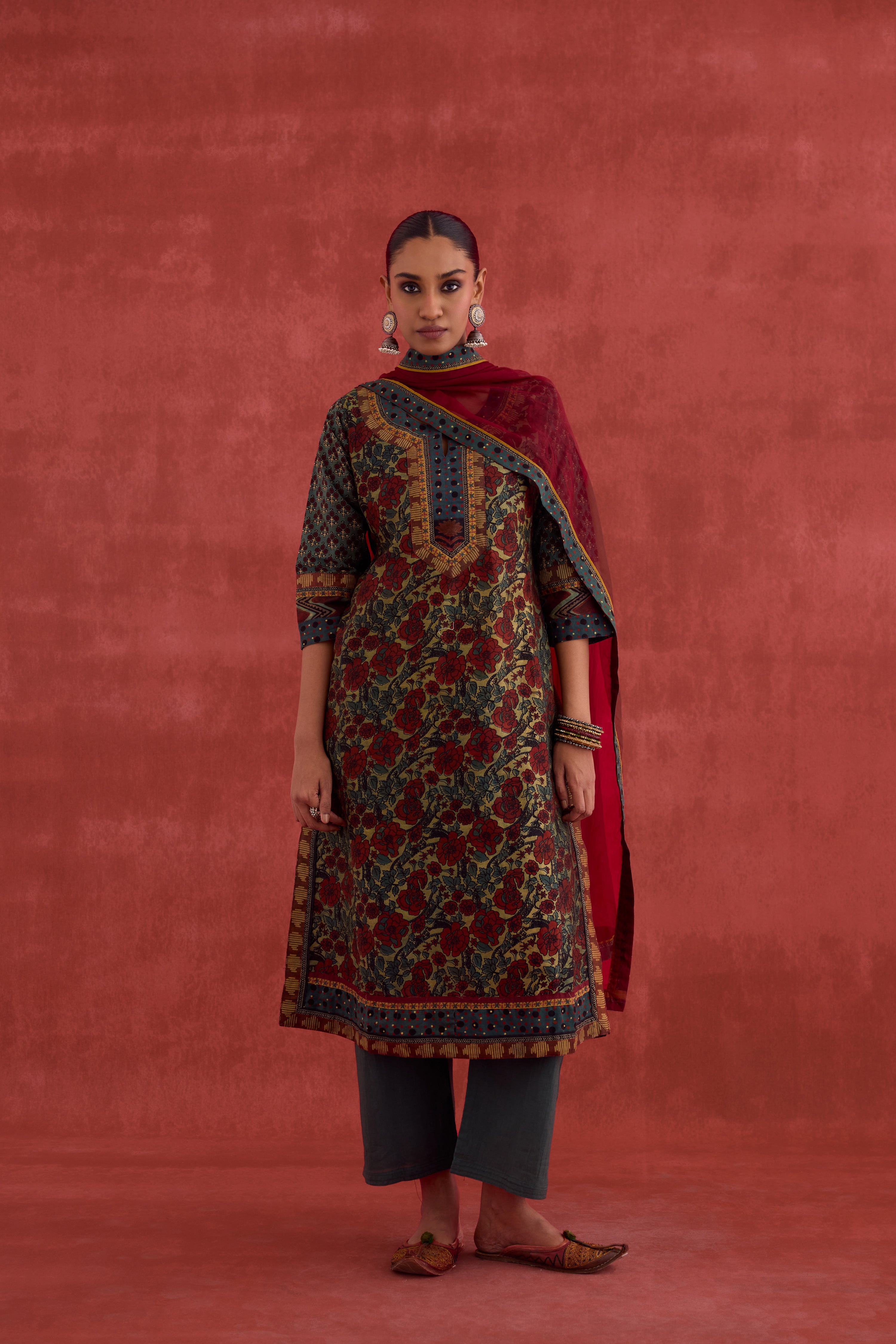 Rozana Chanderi Vanaspati Block Printed Kurta Green Rust (10049093173547)