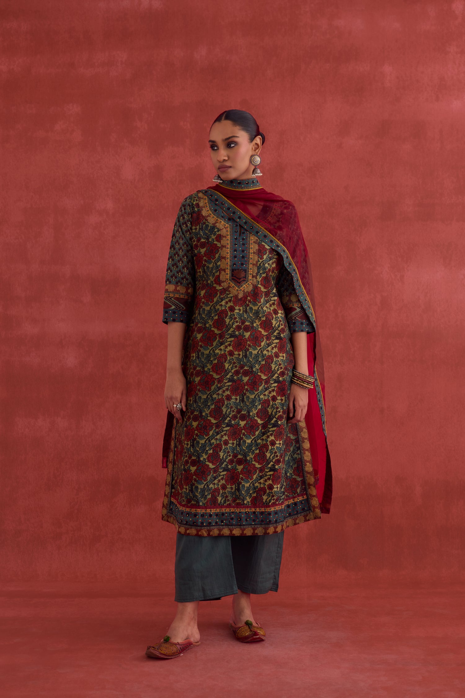 Rozana Chanderi Vanaspati Block Printed Kurta Green Rust (10049093173547)