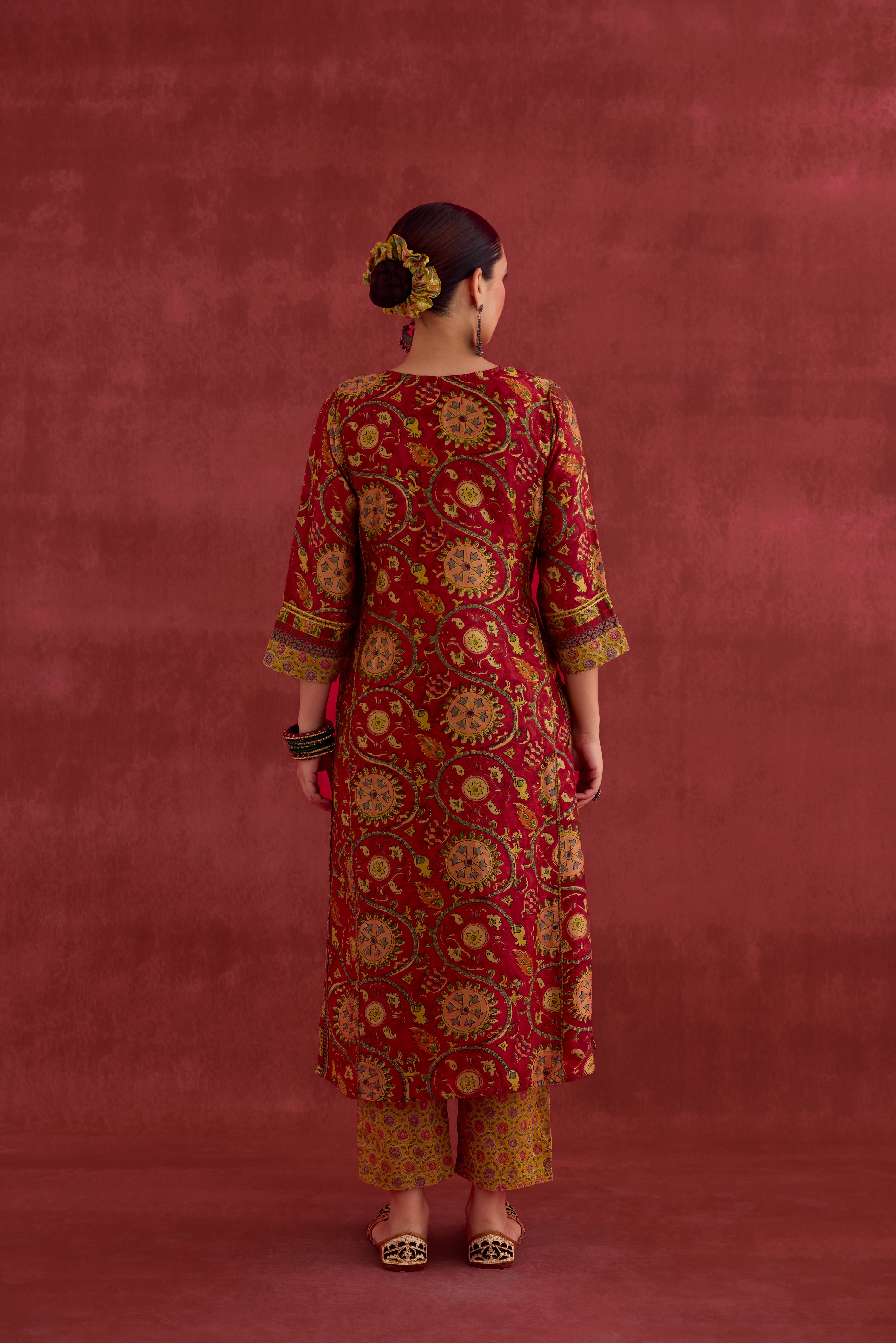 Rozana Chanderi Vanaspati Block Printed Kurta Red Yellow (10039696359723)