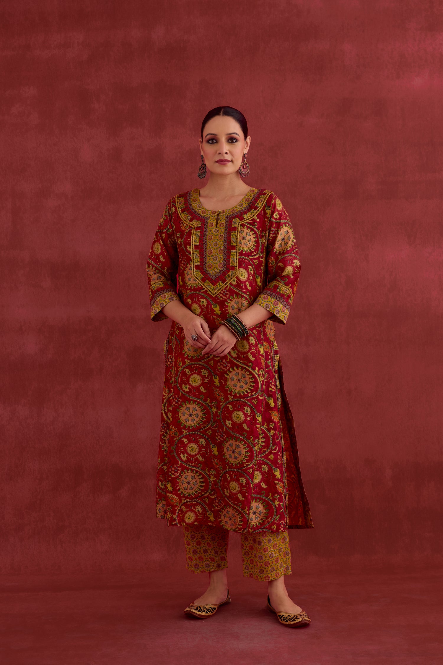 Rozana Chanderi Vanaspati Block Printed Kurta Red Yellow (10039696359723)