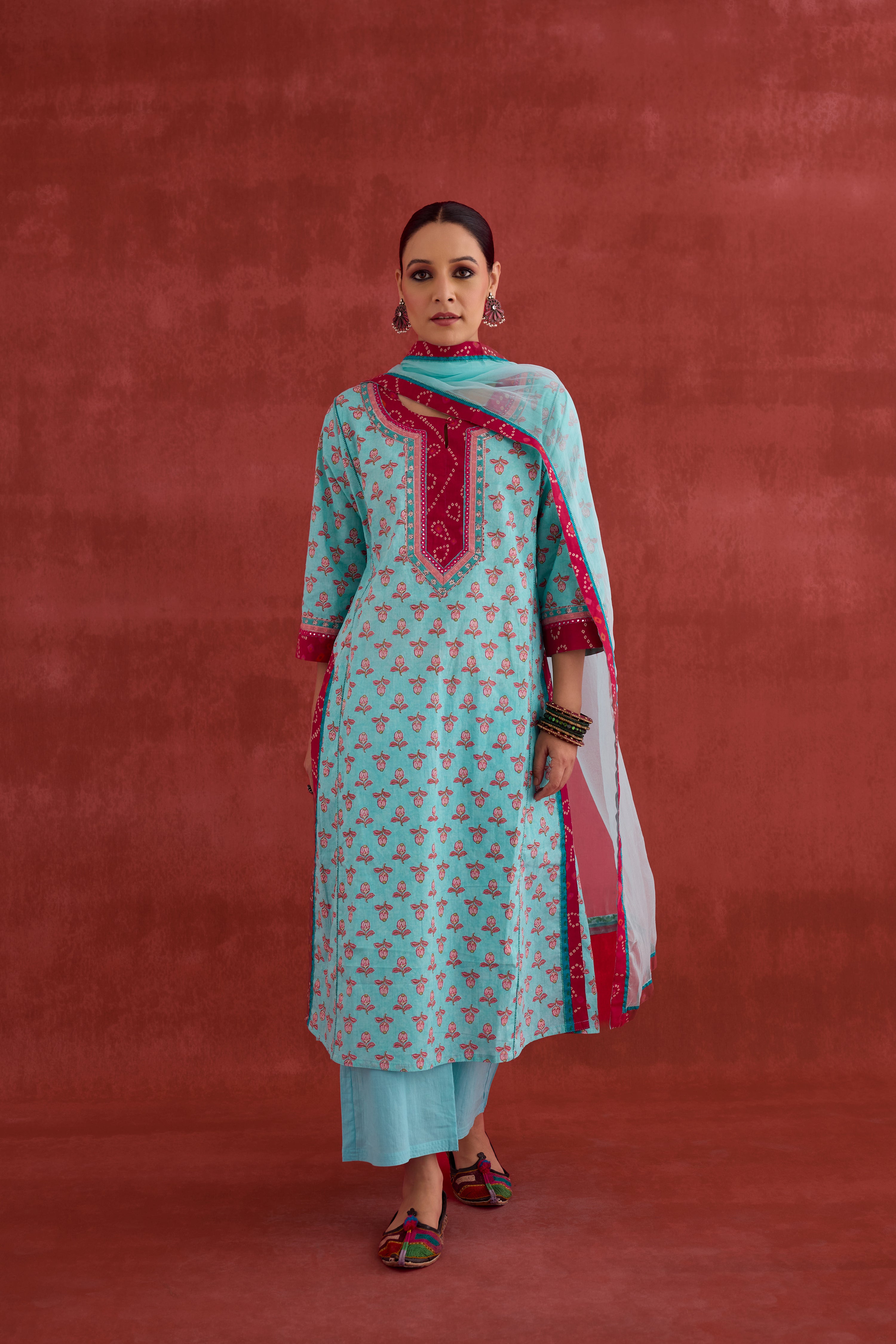 Rozana Cotton Printed Kurta Aqua Pink (10039564894507)
