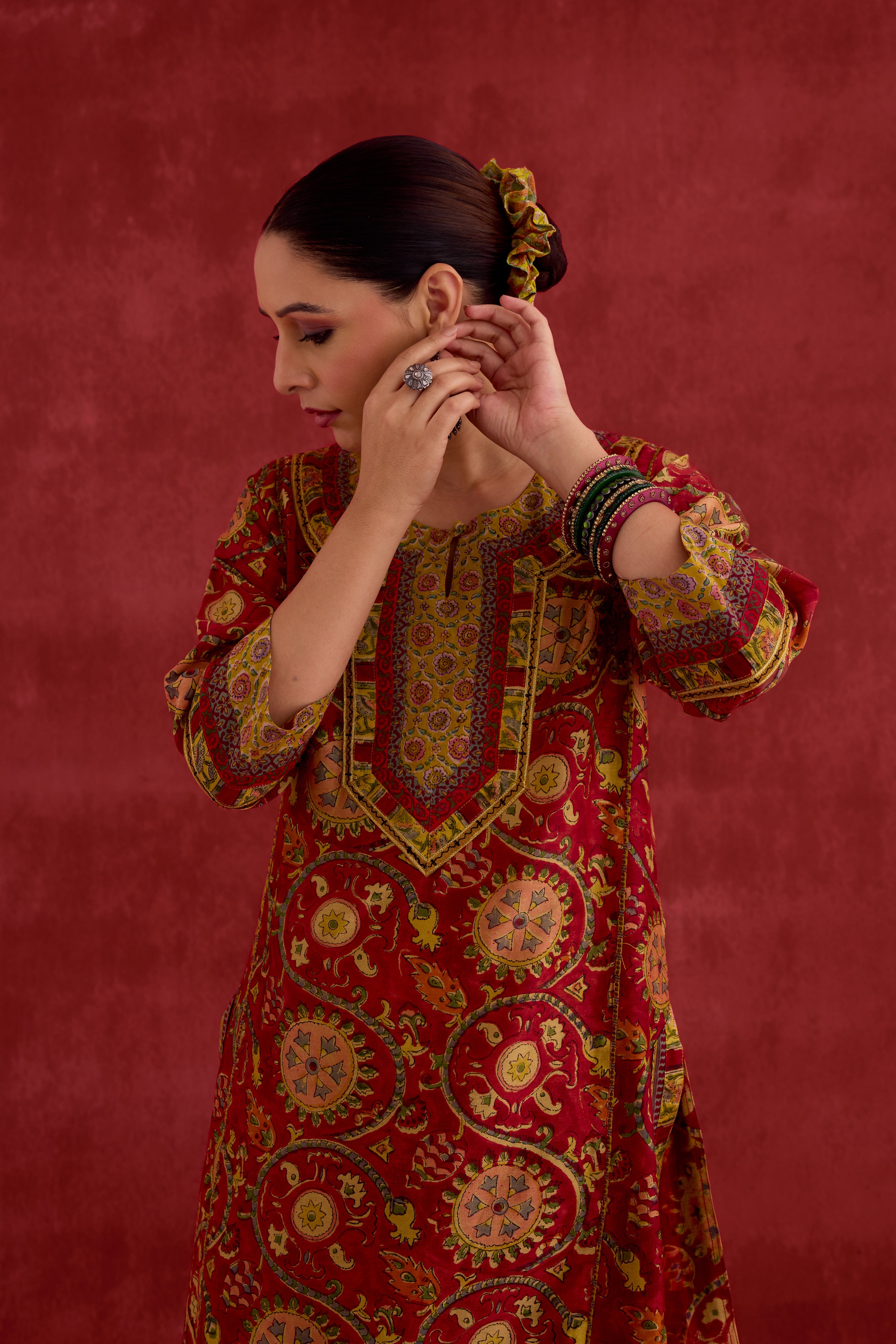 Rozana Chanderi Vanaspati Block Printed Kurta Red Yellow (10039696359723)