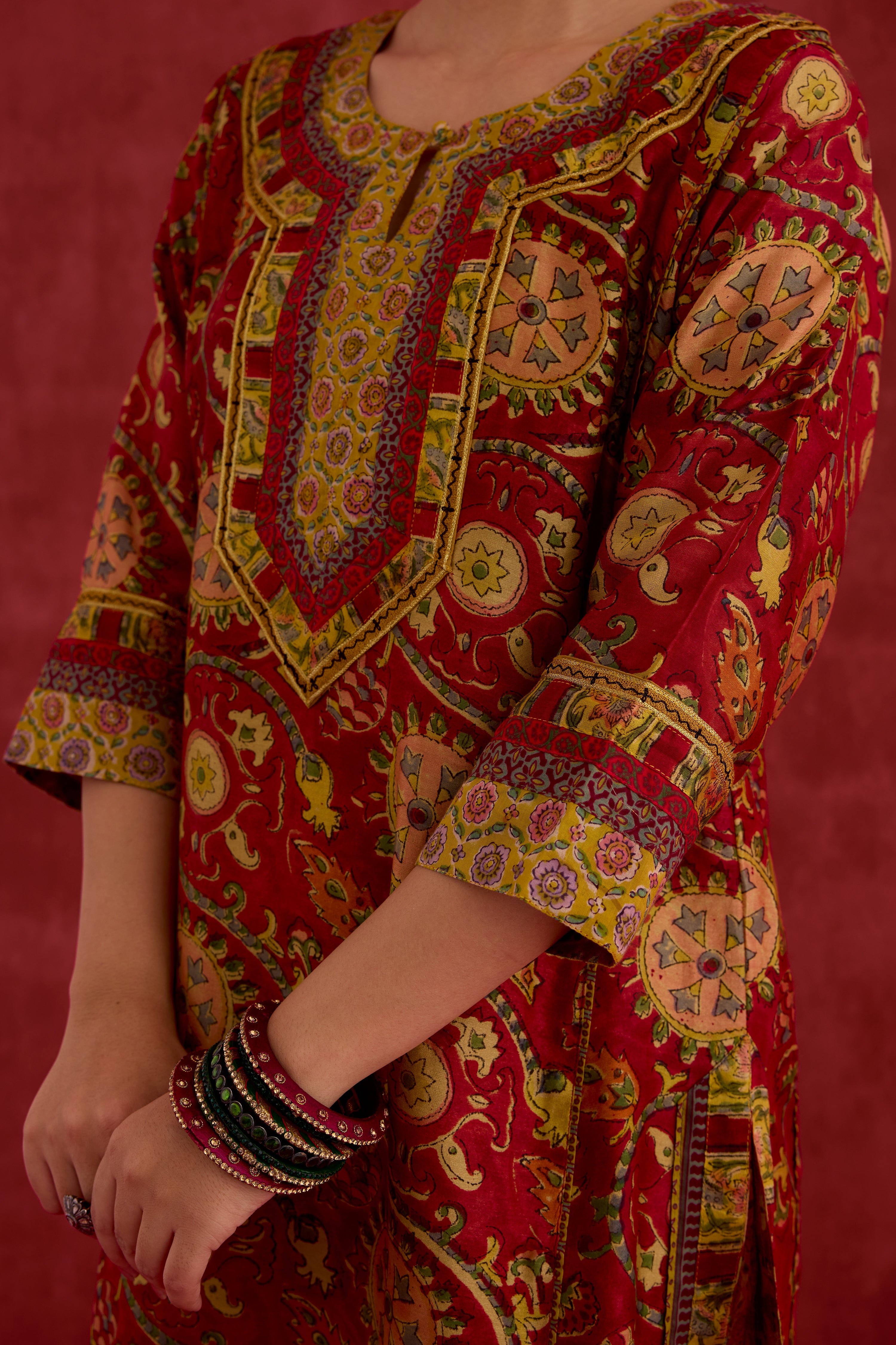 Rozana Chanderi Vanaspati Block Printed Kurta Red Yellow (10039696359723)