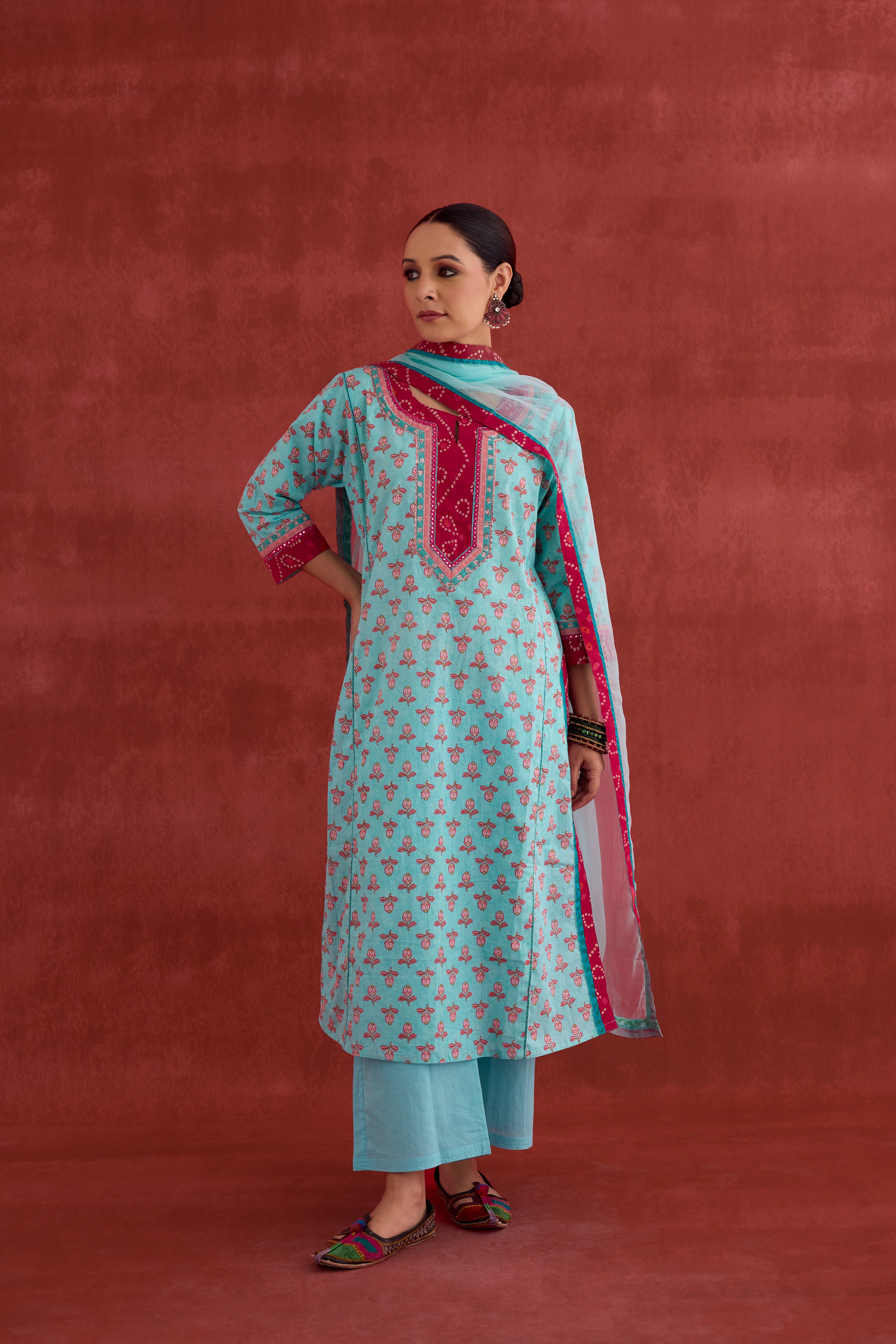 Rozana Cotton Printed Kurta Aqua Pink (10039564894507)