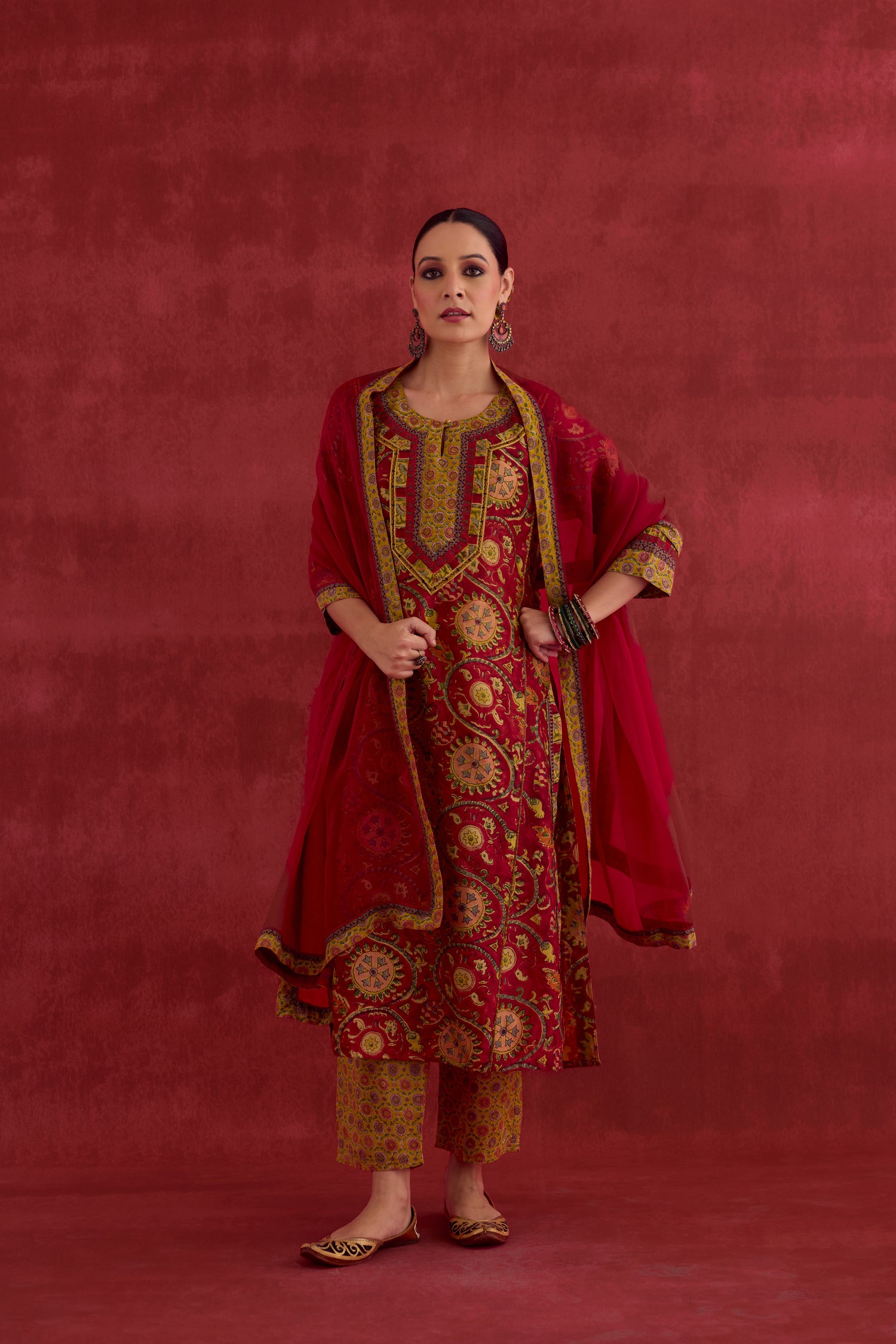 Rozana Chanderi Vanaspati Block Printed Kurta Red Yellow (10039696359723)