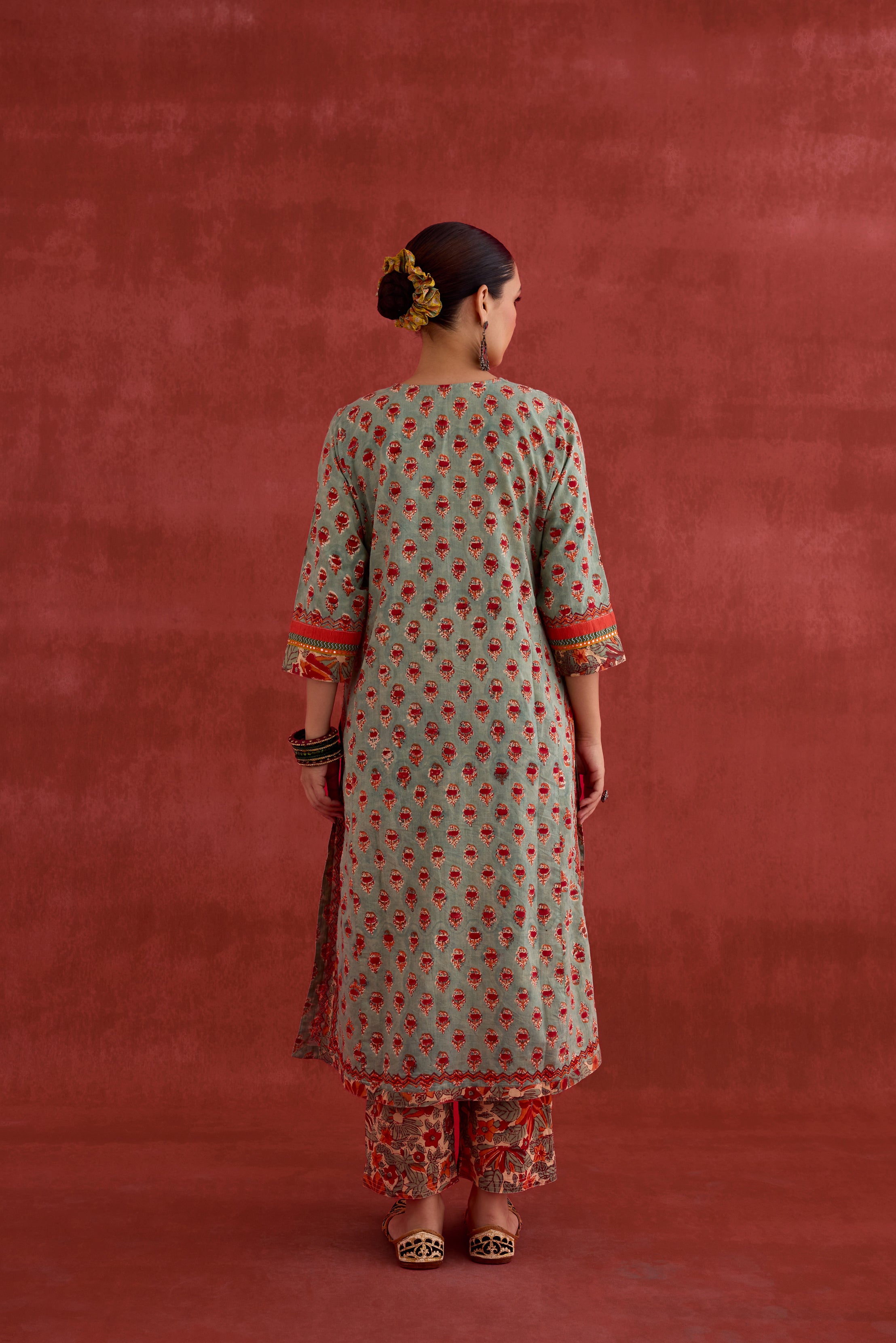 Rozana Hand Embroidered Cotton Block Printed Kurta Light Turquoise Red (10040346411307)