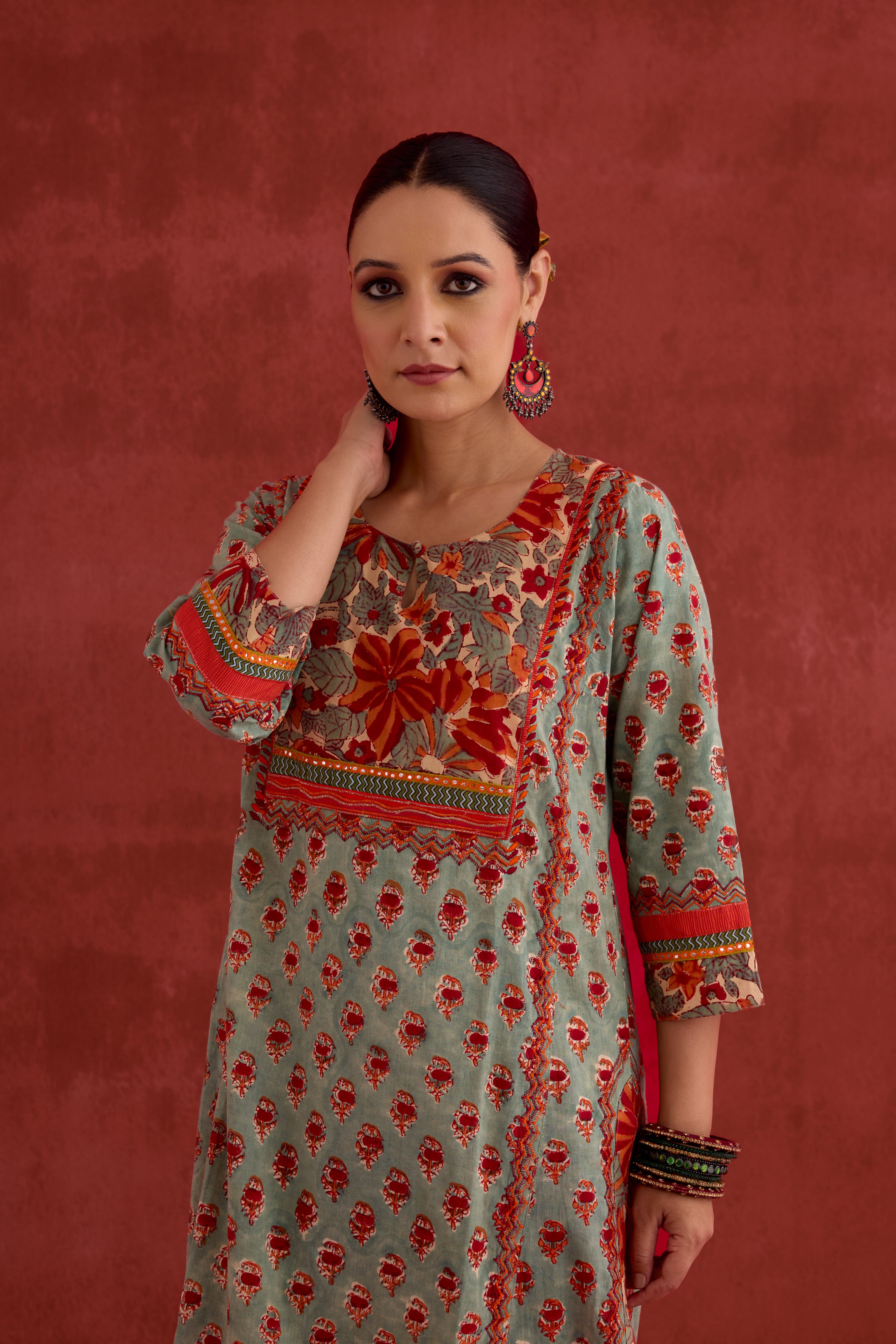 Rozana Hand Embroidered Cotton Block Printed Kurta Light Turquoise Red (10040346411307)