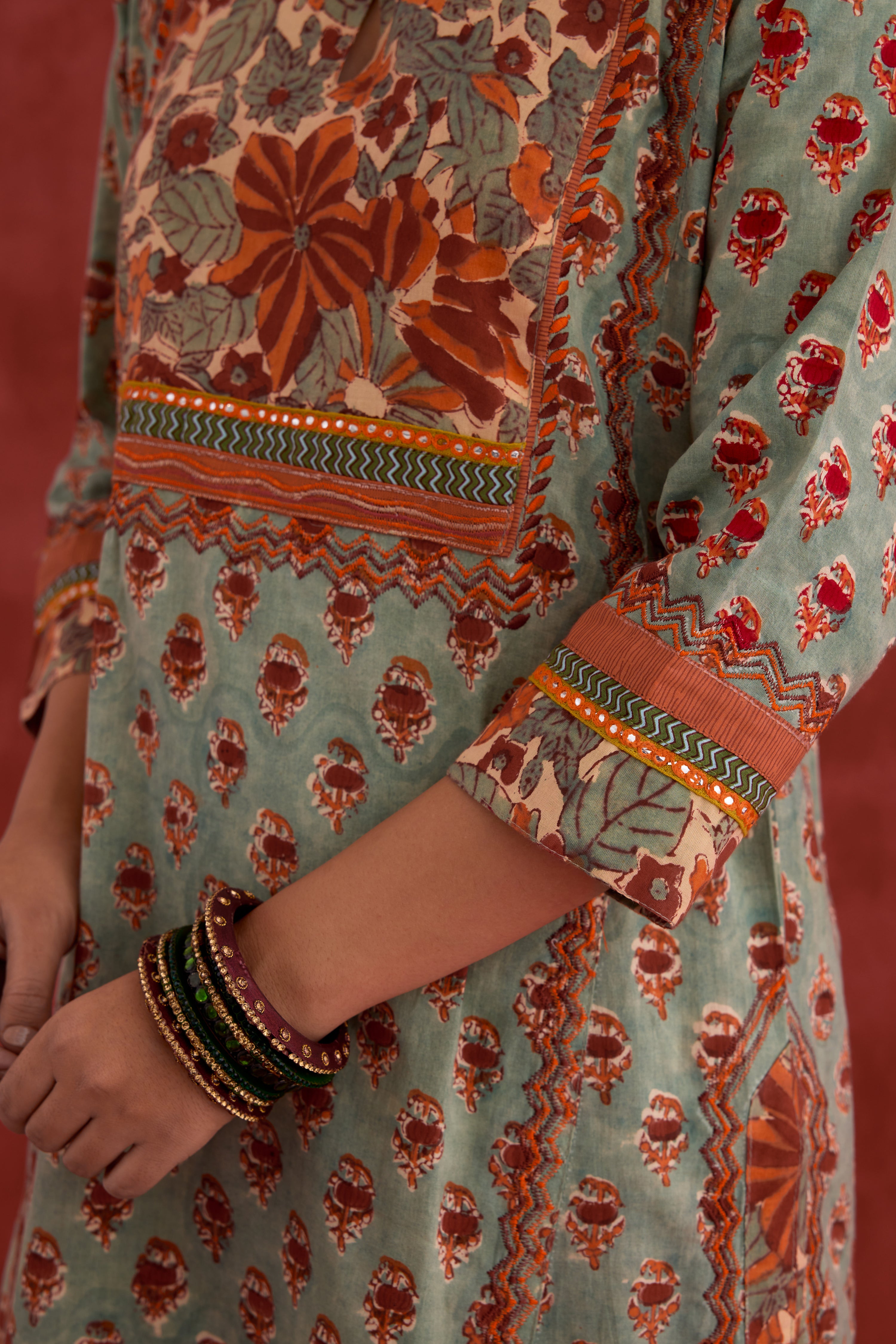 Rozana Hand Embroidered Cotton Block Printed Kurta Light Turquoise Red (10040346411307)