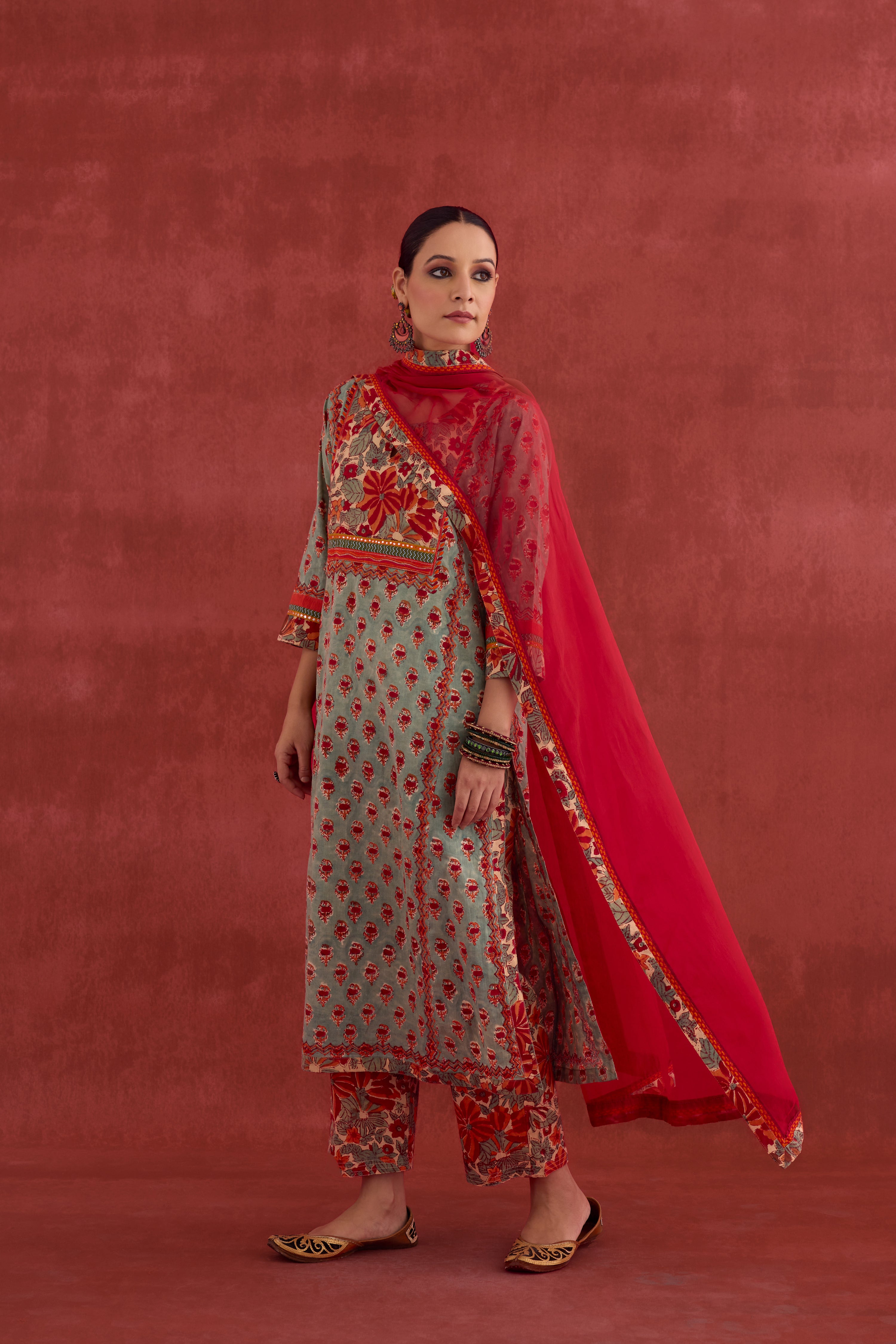 Rozana Hand Embroidered Cotton Block Printed Kurta Light Turquoise Red (10040346411307)