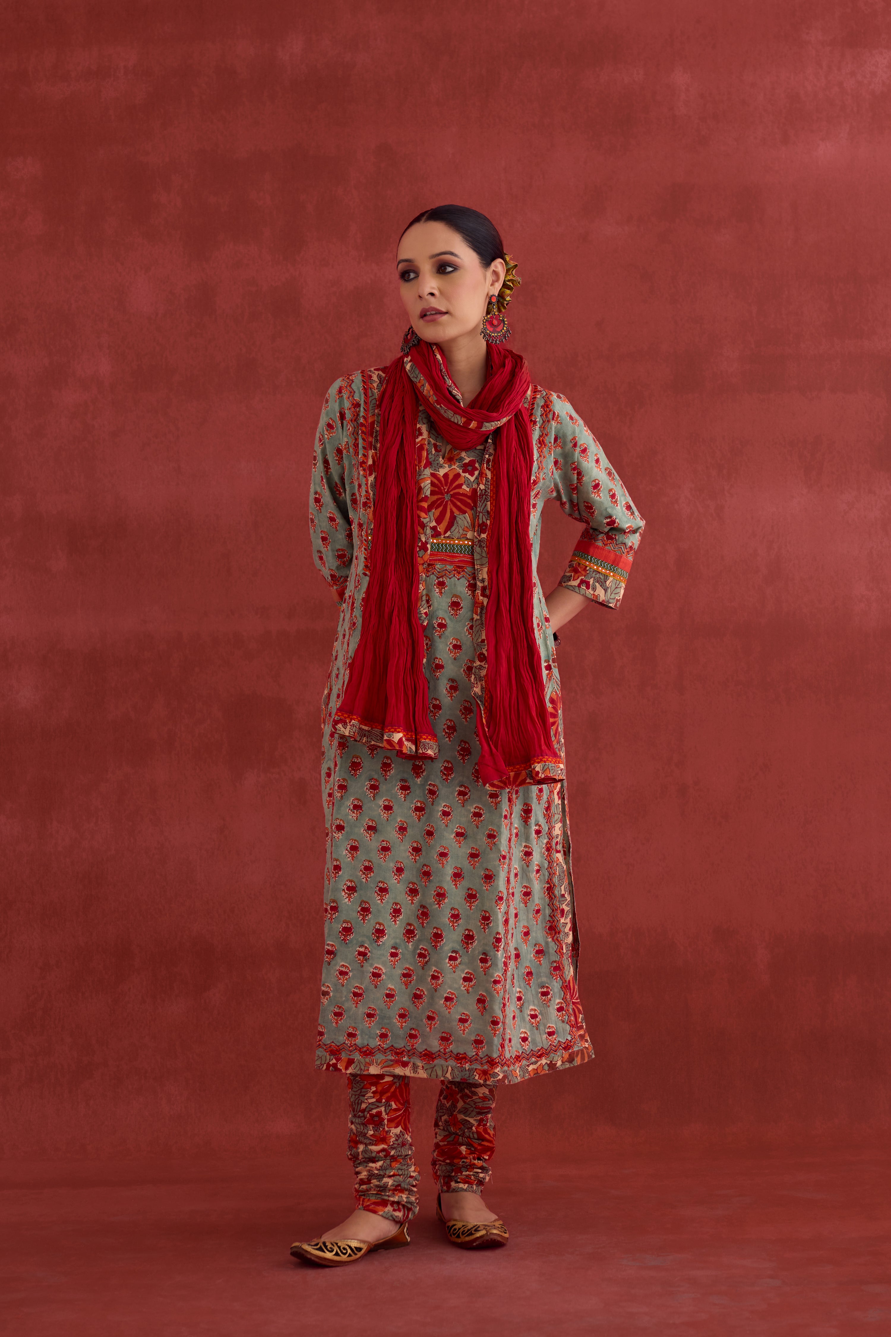 Rozana Hand Embroidered Cotton Block Printed Kurta Light Turquoise Red (10040346411307)